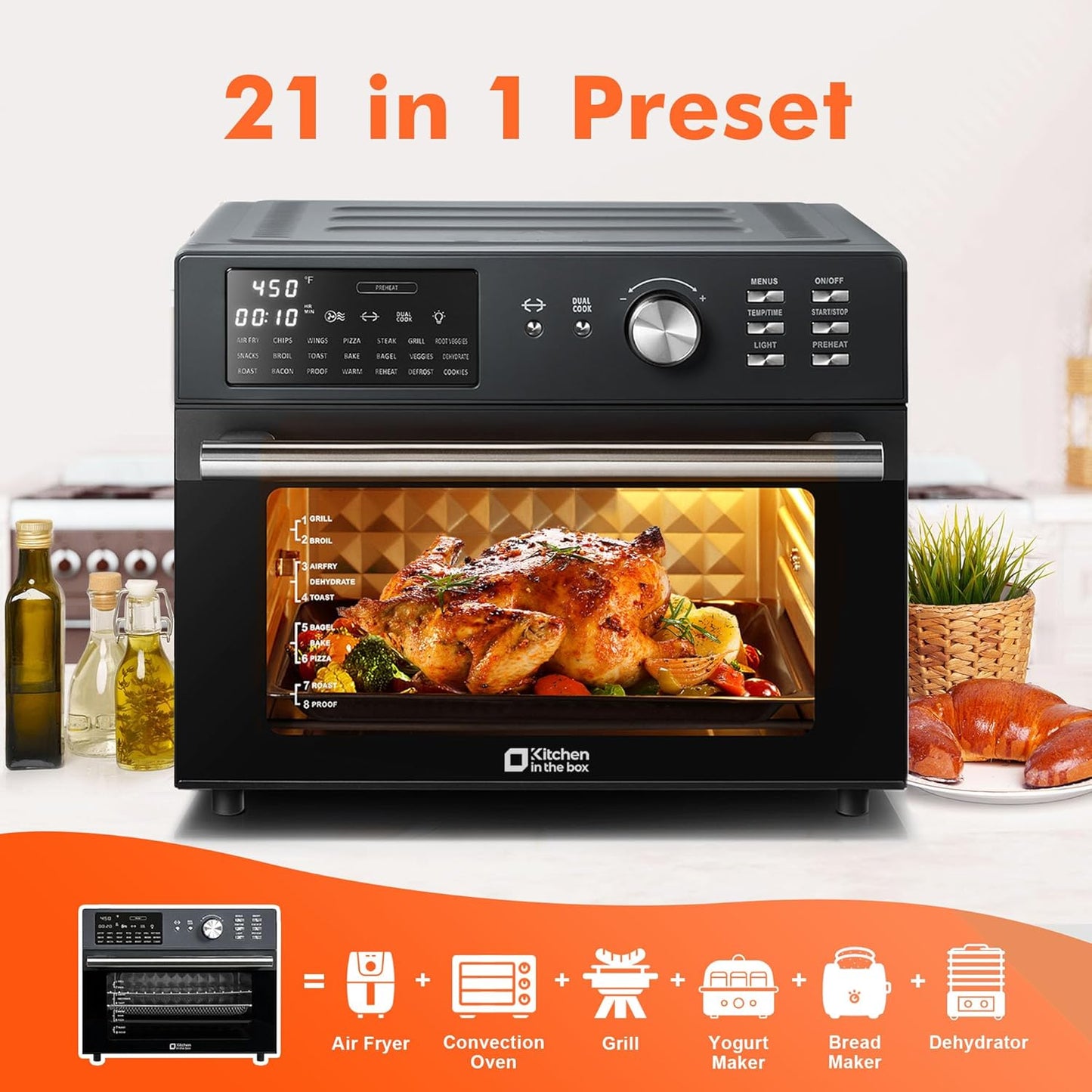 Kitchen in the box 32QT Extra Large Air Fryer Toaster Oven Combo, 21-in-1 Countertop Convection Toaster Oven with Rotisserie and Dehydrate, 6 Accessories, 1800W Dual Cook Preset (Black)