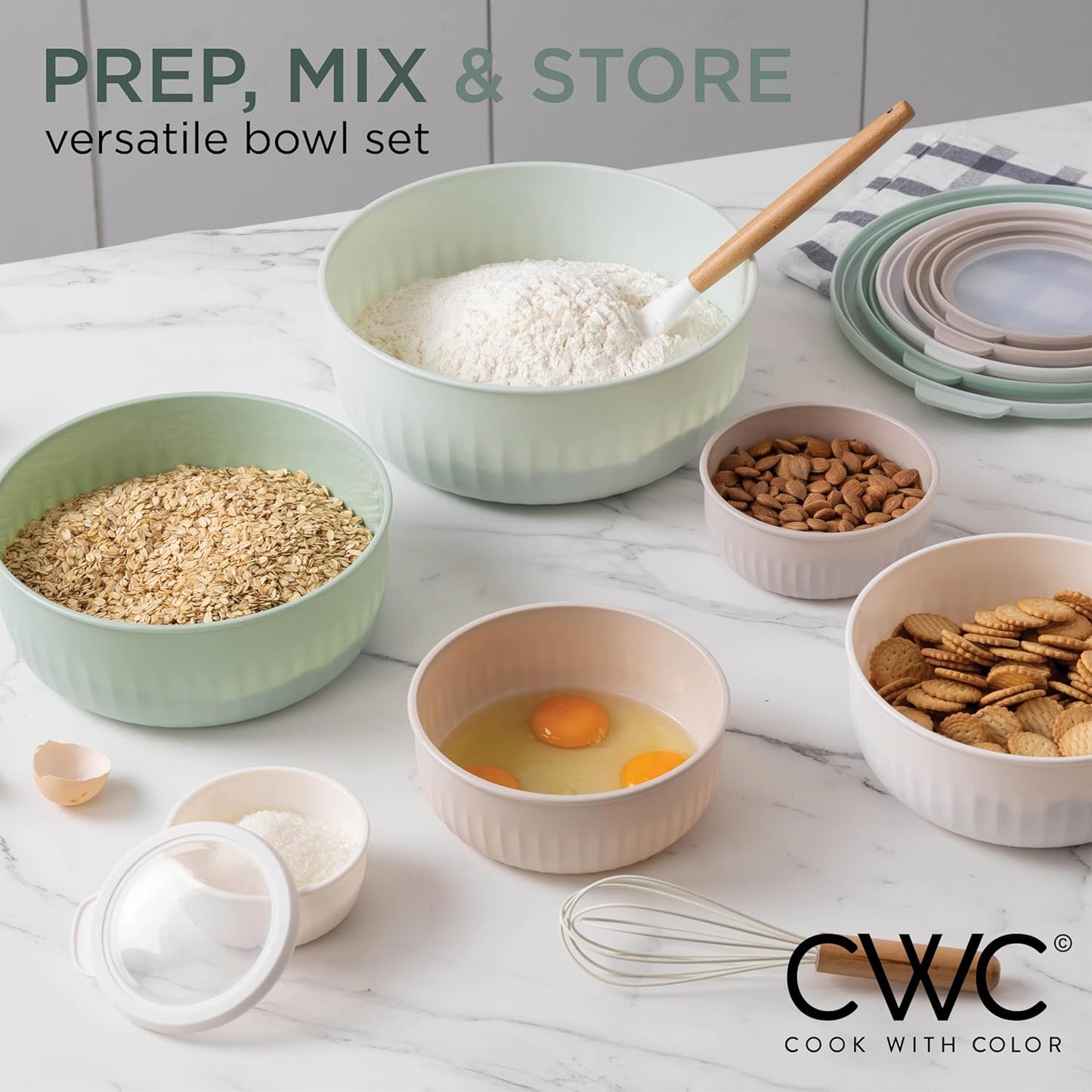 COOK WITH COLOR Prep Bowls with Lids- Wide and Deep Nesting Plastic Small Mixing Bowl Set with Lids, 12 Piece Set - Wide Bowls, Mint