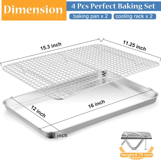 TeamFar Cookies Sheet with Rack, 16 x 12 x 1 Inch Stainless Steel Baking Sheet Tray Pans with Grid Wire Racks for Cooling Baking Roasting, Non-Toxic & Heavy Duty, Dishwasher Safe, 2 Pans + Racks