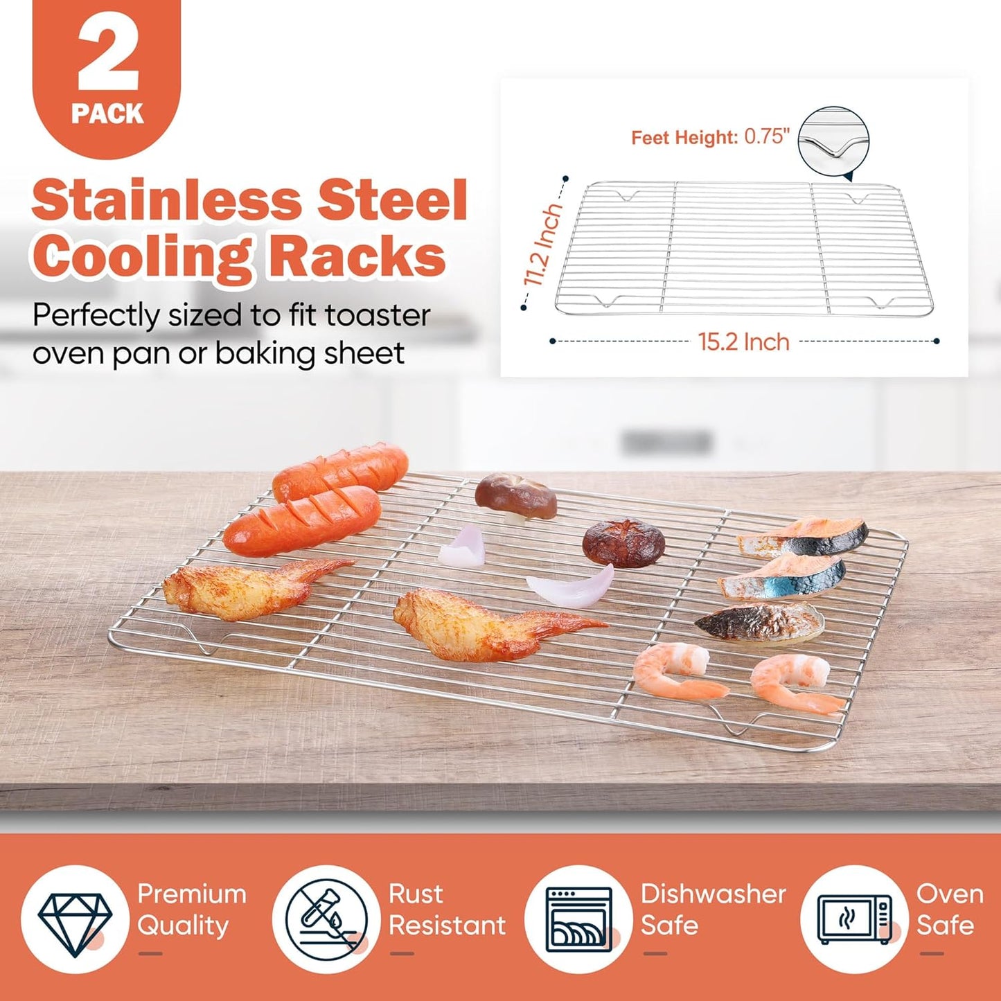 Homikit Wire Rack for Cooking, Stainless Steel Large Baking Cooling Rack for Oven Cooking Roasting Grilling Bacon Cookies, Fit Jelly Roll Sheet Pan, Dishwasher Safe,15.2”*11.2”