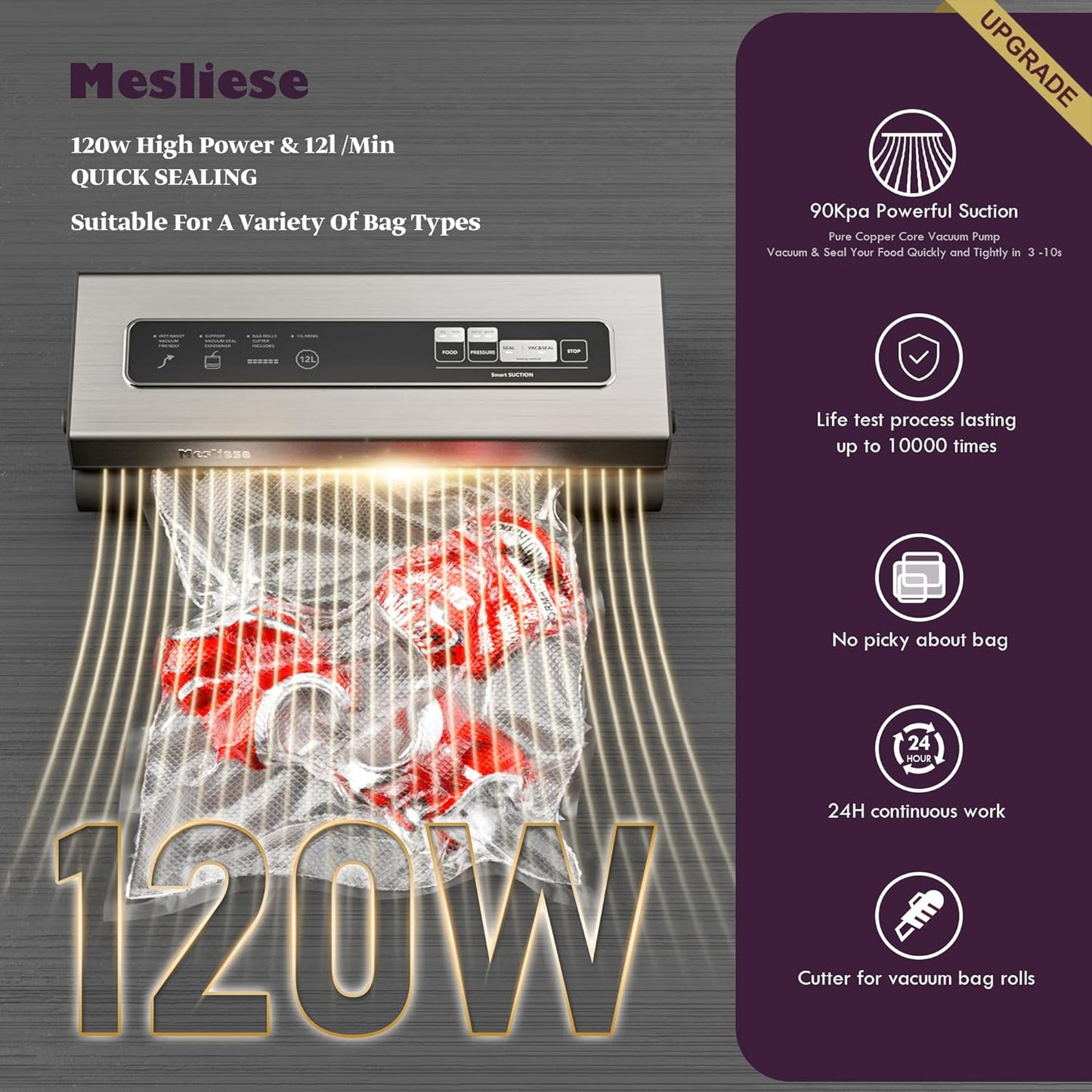 Vacuum Sealer Machine Powerful 90Kpa Precision 6-in-1 Compact Food Preservation System with Cutter, 2 Bag Rolls & 5 Pre-cut Bags, Widened 12mm Sealing Strip, Dry&Moist Modes (Silver)