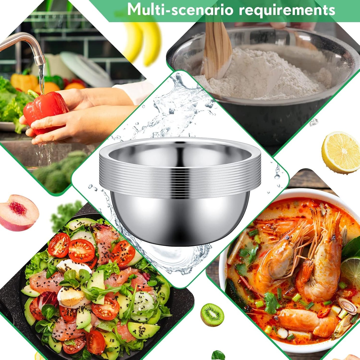 Pinkunn Set of 12 Stainless Steel Mixing Bowls, Nesting Metal Prep Salad Bowl Bulk Kitchen Large Reusable Baking Food Container for Hotel Restaurant Home Cooking, Silver(12.6 x 4.25 Inch)