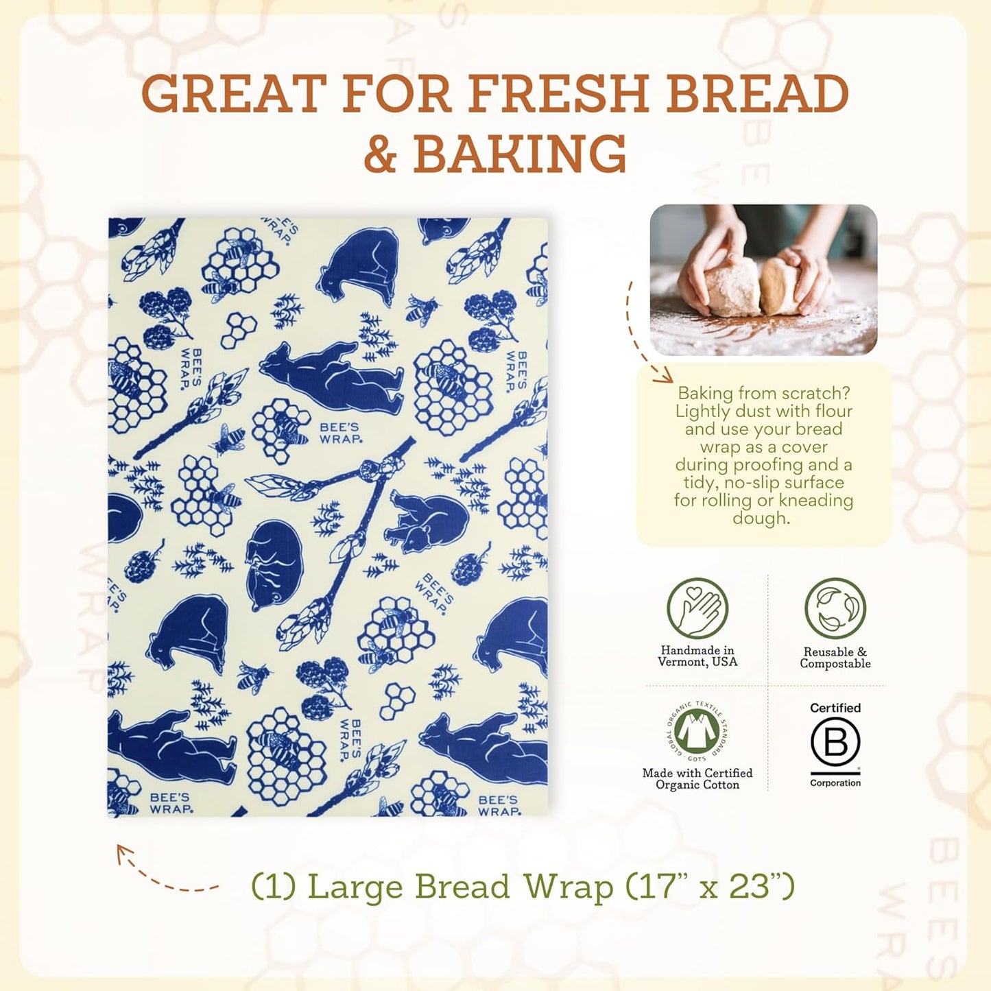 Bee's Wrap Beeswax Wraps for Food - Bees + Bears Bread Wrap - Made in USA Reusable Bread Storage Bags - Organic & Eco-Friendly Alternative to Aluminum Foil, Sourdough Bags & Plastic Wrap