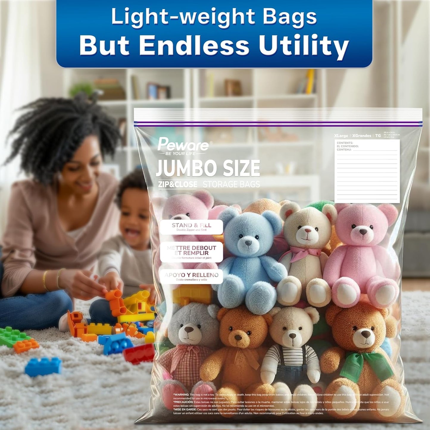 Large Storage Bags, 16"x20" Jumbo Plastic Bag, BPA Free, 3.5 Gallon XL Zipper Lock Baggies for Clothes Pillow Travel Moving - 50 Roomy Bags