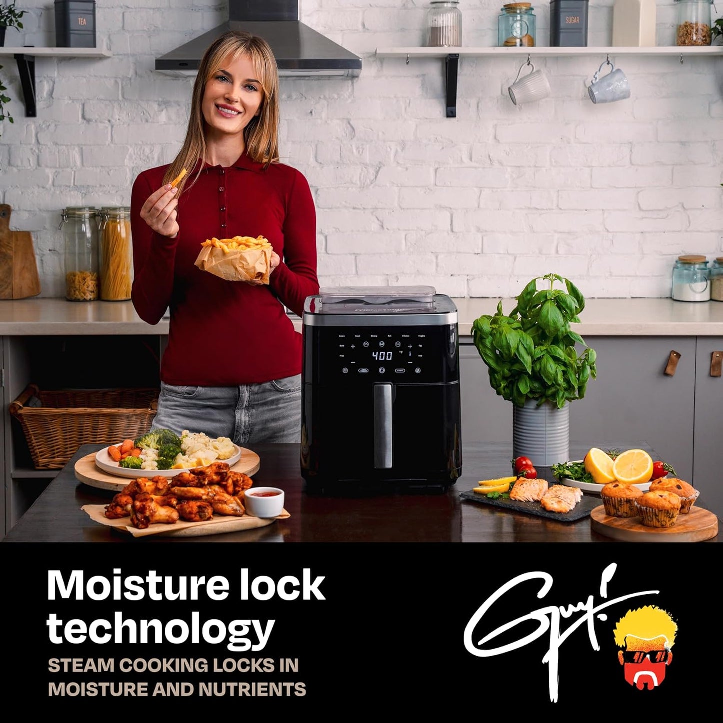 Guy Fieri's Flavortown 6.5 Quart Steam Air Fryer with Moisture Lock Technology – Programmable Steamer and Air Fryer Combination, Temperature Control, 10-Presets, 1700 Watts