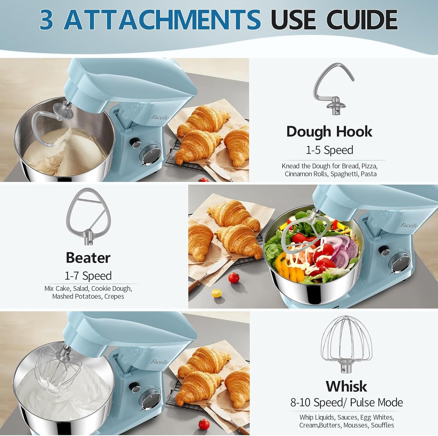 Facelle Stand Mixer, 10-Speed 6QT Kitchen Electric Mixer, Tilt-Head Food Mixer with Beater, Dough Hook, Wire Whip and Egg Separator, scraper for Most Home Cooks - Blue