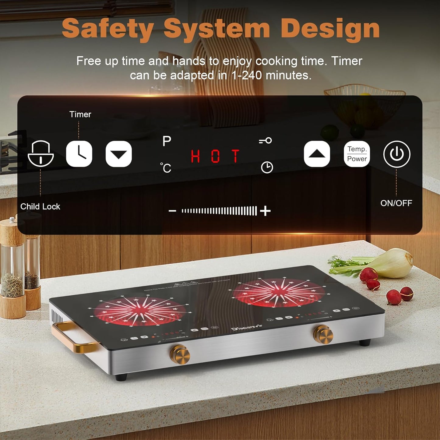 2 Burner Electric Cooktop 110V - 24 Inch Countertop Electric Stove with Handles 2000W, Two Burner Ceramic Burner with LCD Touch Screen and Knob Control, Timer, Safety Lock, 120V Plug in