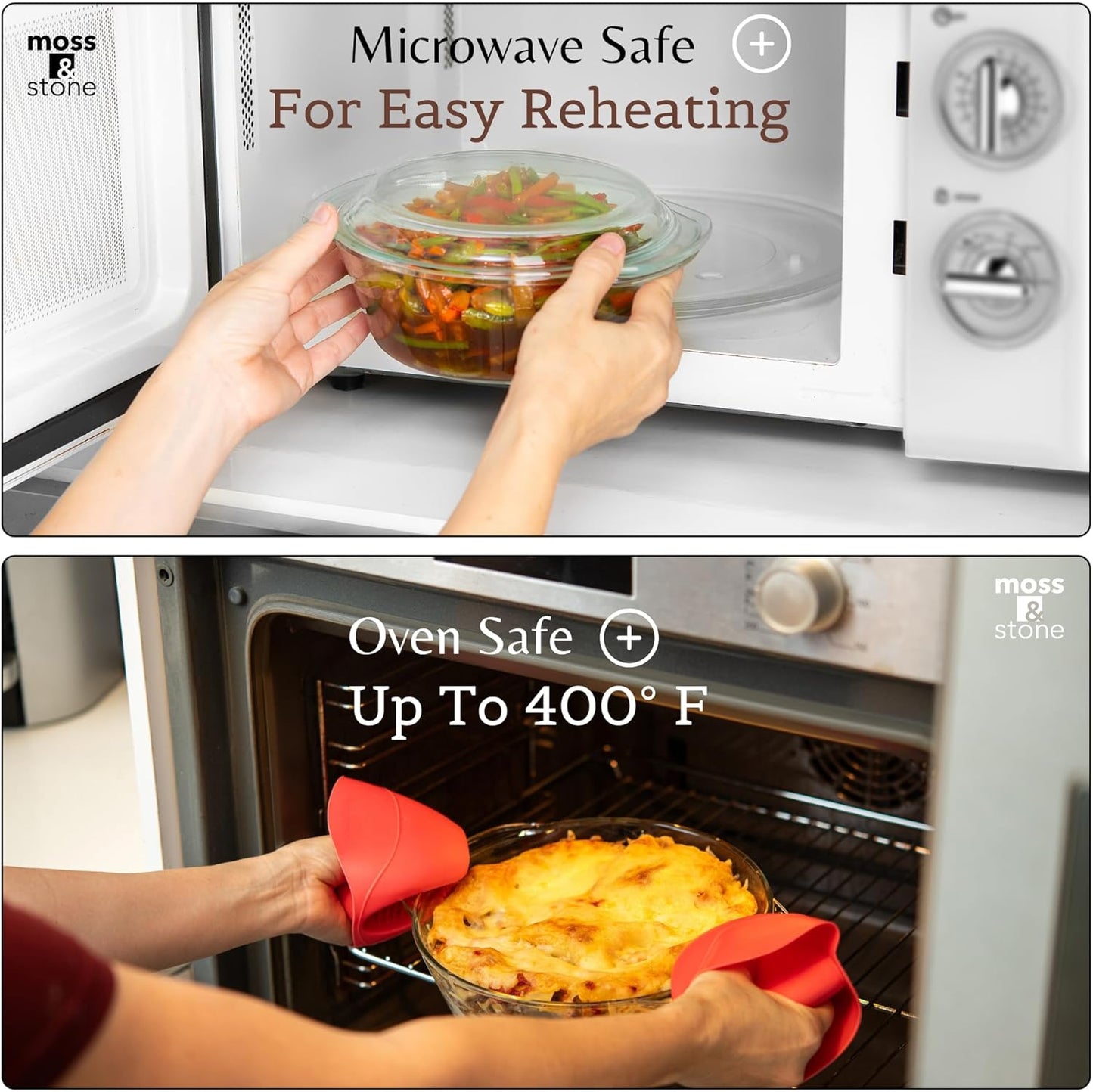 Moss & Stone 6-Piece Clear Glass Casserole Dishes for Oven With Lids, Durable Tempered Borosilicate Glass Bakeware Set, Microwave Safe, 3 Round Sizes for Cooking, Serving & Storage