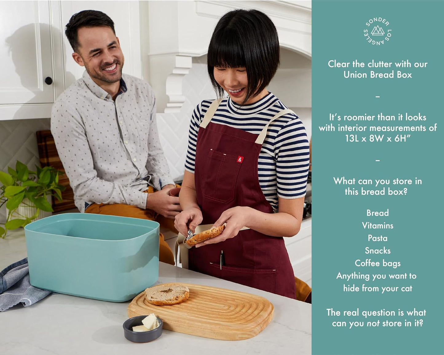 Sonder Los Angeles, Modern Bamboo Fiber and Recycled Plastic Bread Box (Blue Green) for Kitchen Countertop with Reversible Bread Board Wood Lid 14.25 x 9.25 x 7 in