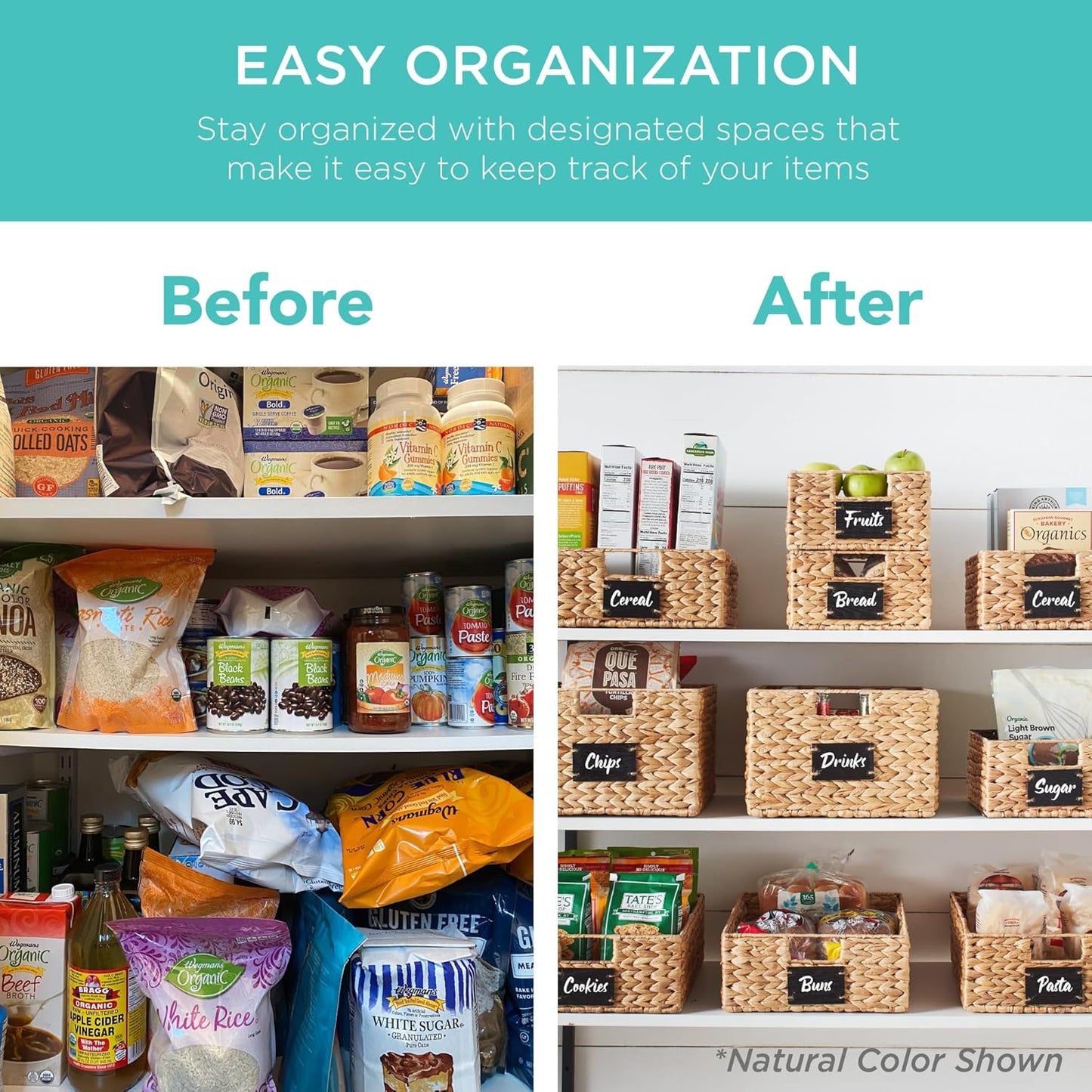 Best Choice Products Pantry Baskets Set of 2 16x12in Water Hyacinth Storage Baskets, Woven Wicker Organizers with handles w/Chalkboard Label Chalk Marker - Black