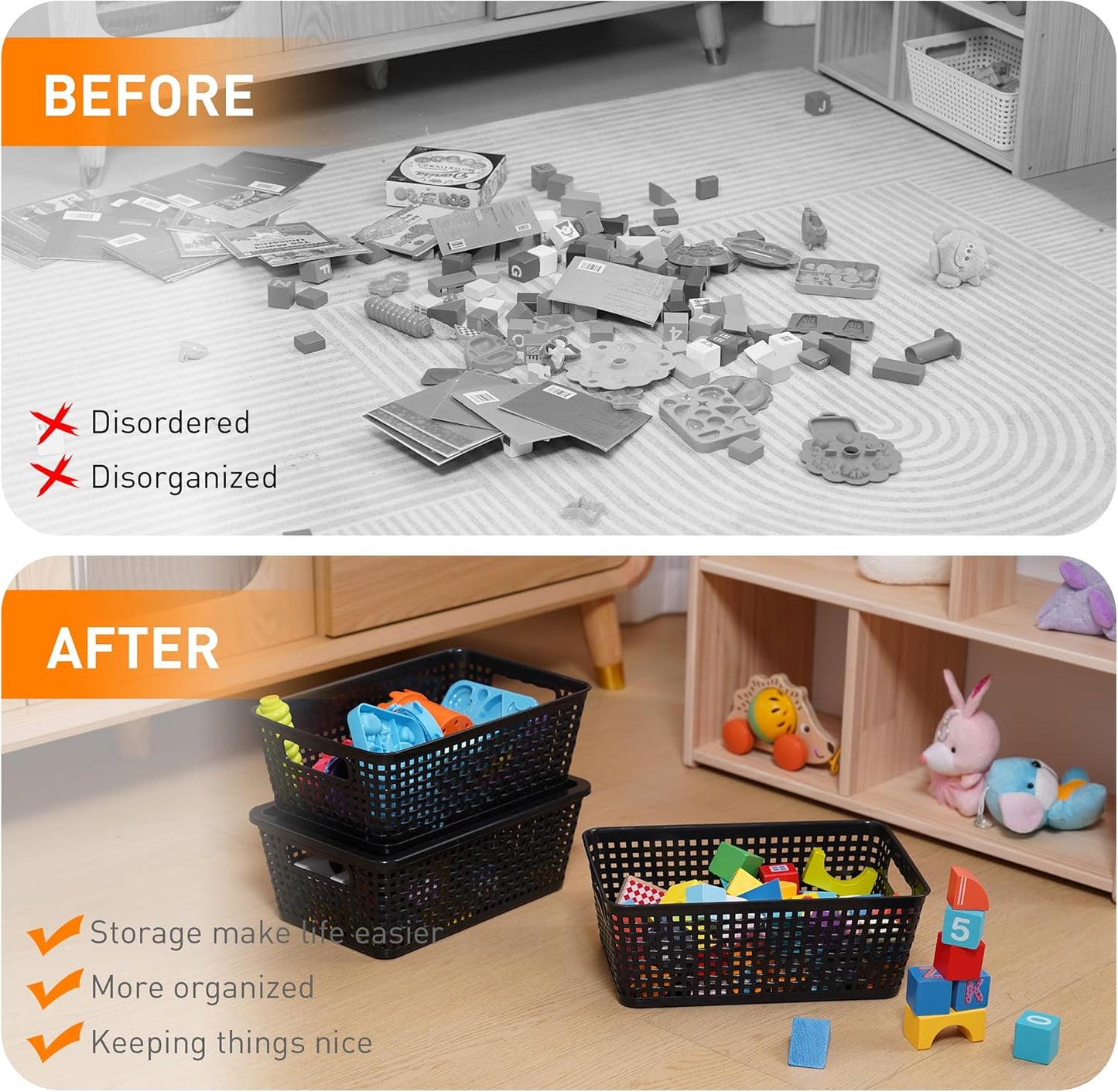 Plastic Storage Baskets With Lid, Storage Bins for Organizing, Stackable Decorative Containers for Shelves Drawers Desktop Closet Playroom Classroom Office,10 Pack-Black