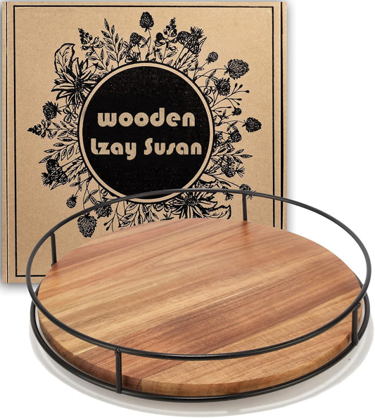 10" Acacia Wood Lazy Susan Turntable, Tomoaza Kitchen Organizer Turntable with Steel Sides, 360 Degree Lazy Susan for Countertop Cabinet or Dining Table (Black)