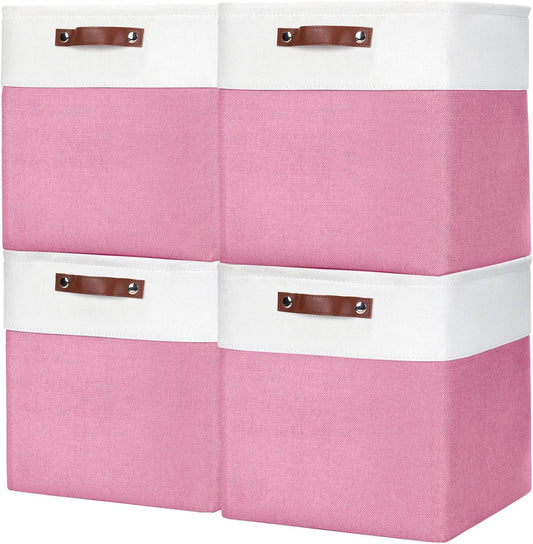13x13 Cube Storage Bins, Collapsible Fabric Storage Box, 4 Pack Closet Baskets with Handles for Organizing, Shelf, Toys, Clothes, Home, Office, Nursery (Pink&White)