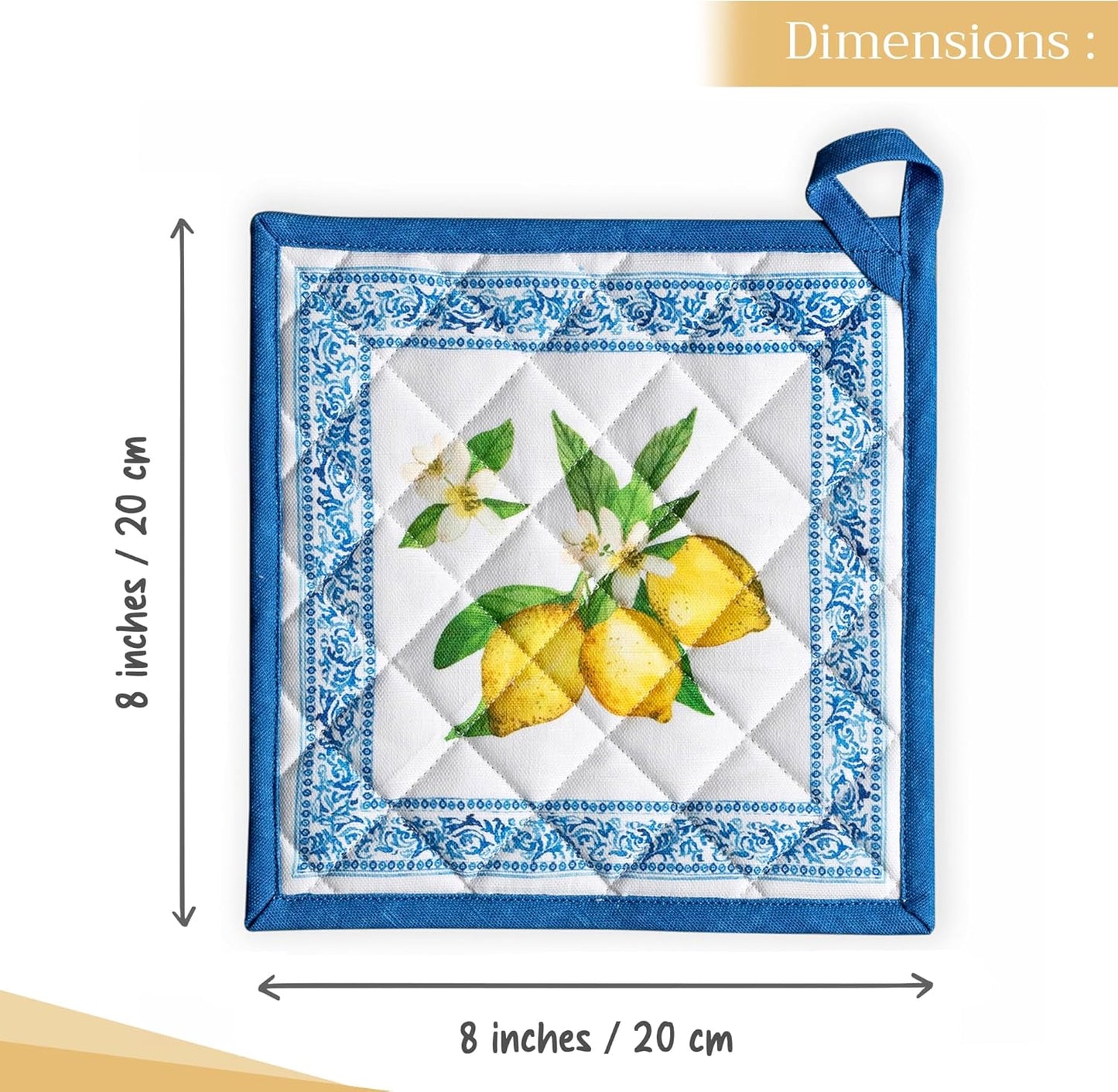 Maison d' Hermine Pot Holders 100% Cotton Heat Resistant Potholders 8" x 8" Hot Pads with Loop BBQ, Cooking, Baking, Grilling, Kitchen, Handling Hot Pans Spring/Summer (Pack of 1, Cedrat)