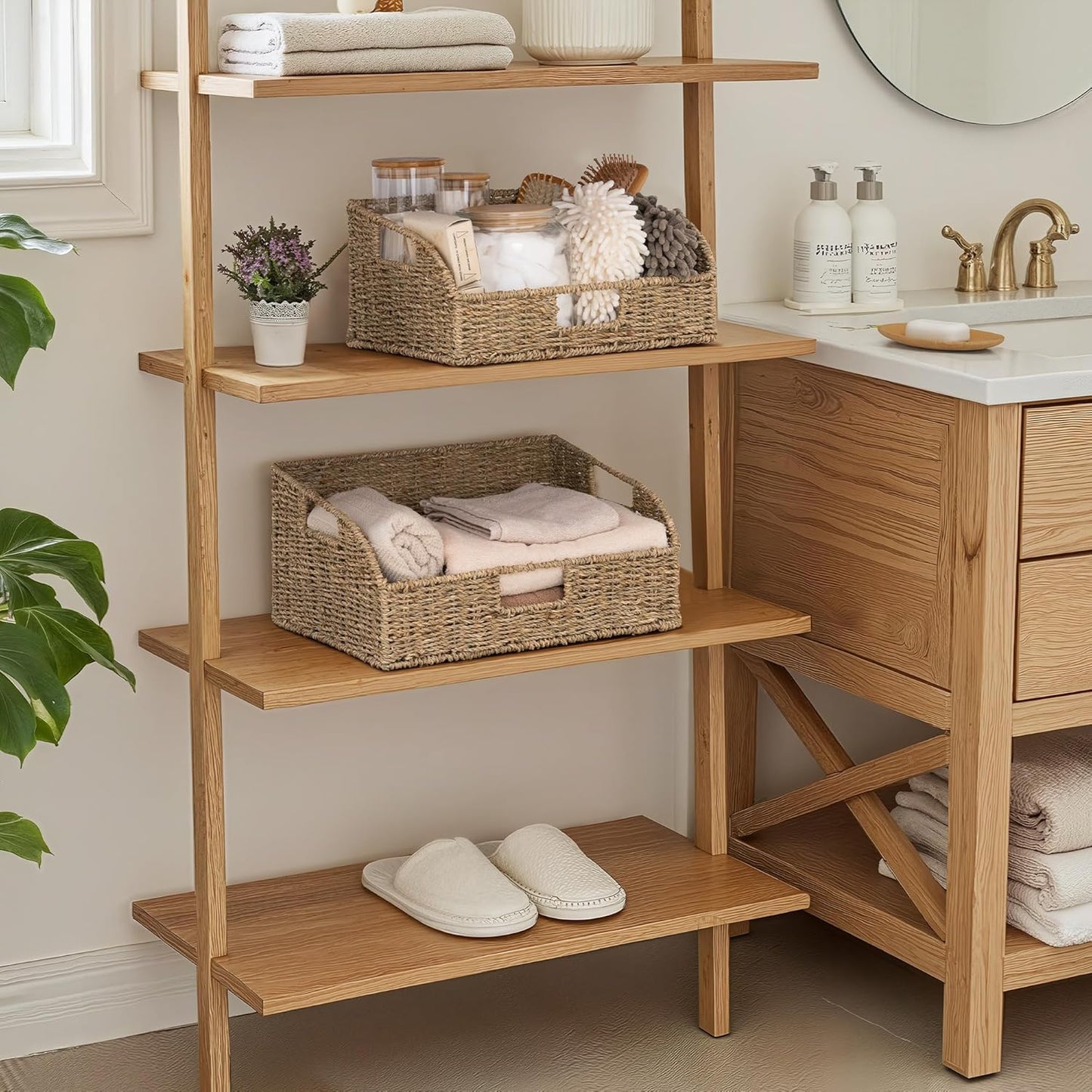 StorageWorks Pantry Baskets for Organizing, Seagrass Storage Baskets for Shelves with Built-in Handles, Pantry Organizers and Storage, Set of 2 (Large and Medium)