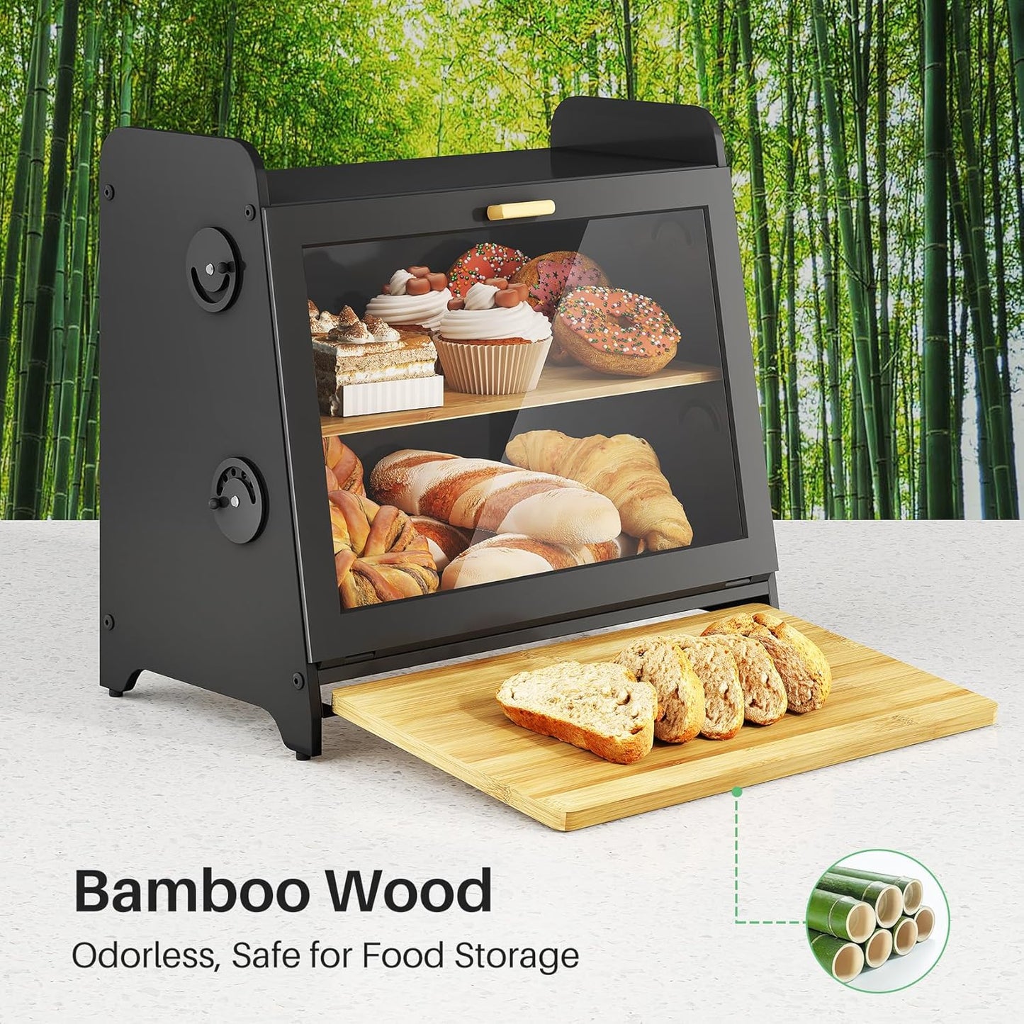 SNTD Bread Box, Wooden Bread Storage Container for Kitchen Countertop with Bamboo Cutting Board, Black (L)