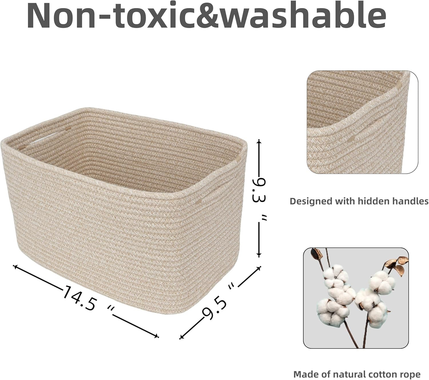 Rope storage Basket Bins Woven Basket for Organizing Shelves Rectangle Decorative Baskets For storage Clothes Toys Books Towels Square Wicker Nursery basket organizer 3 pack Oatmeal