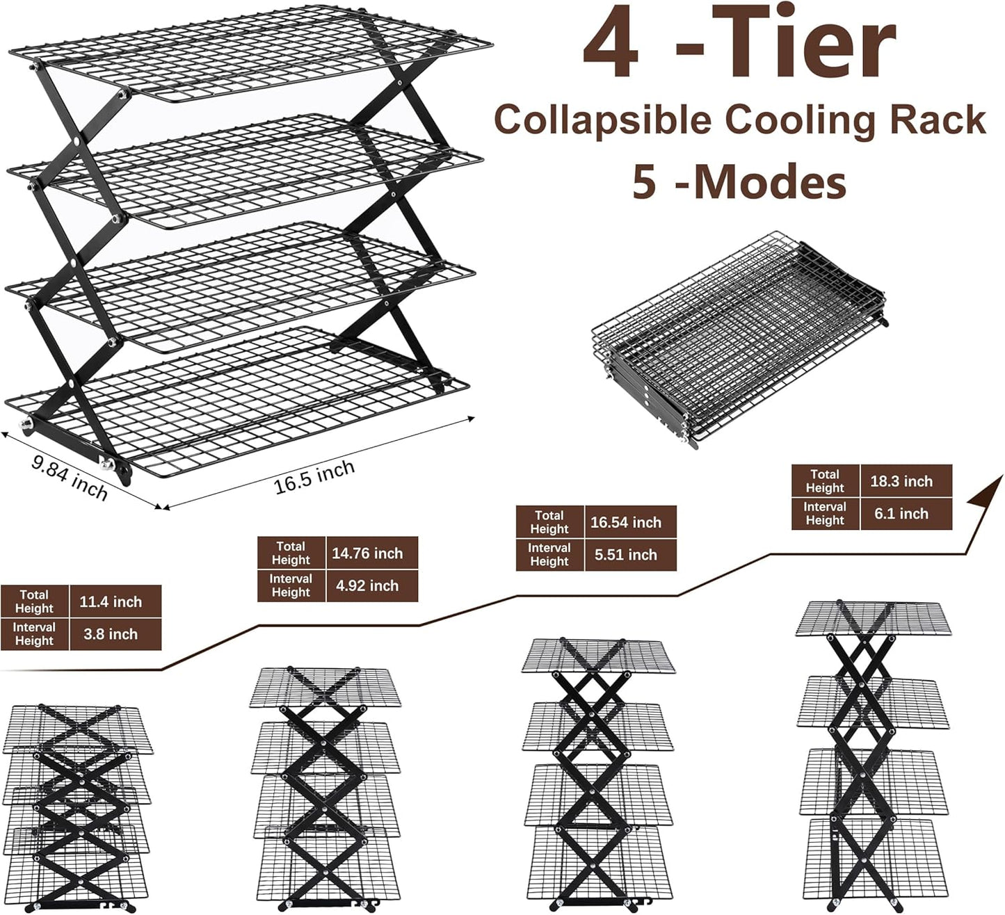Pleafind 4 Tier Collapsible Cooling Rack - 3 Setting Design, Adjustable ＆ Stackable Baking Rack, 5 Modes Cooling Racks for Cooking and Baking, Roasting ＆ Grilling Gifts for Picnic Party