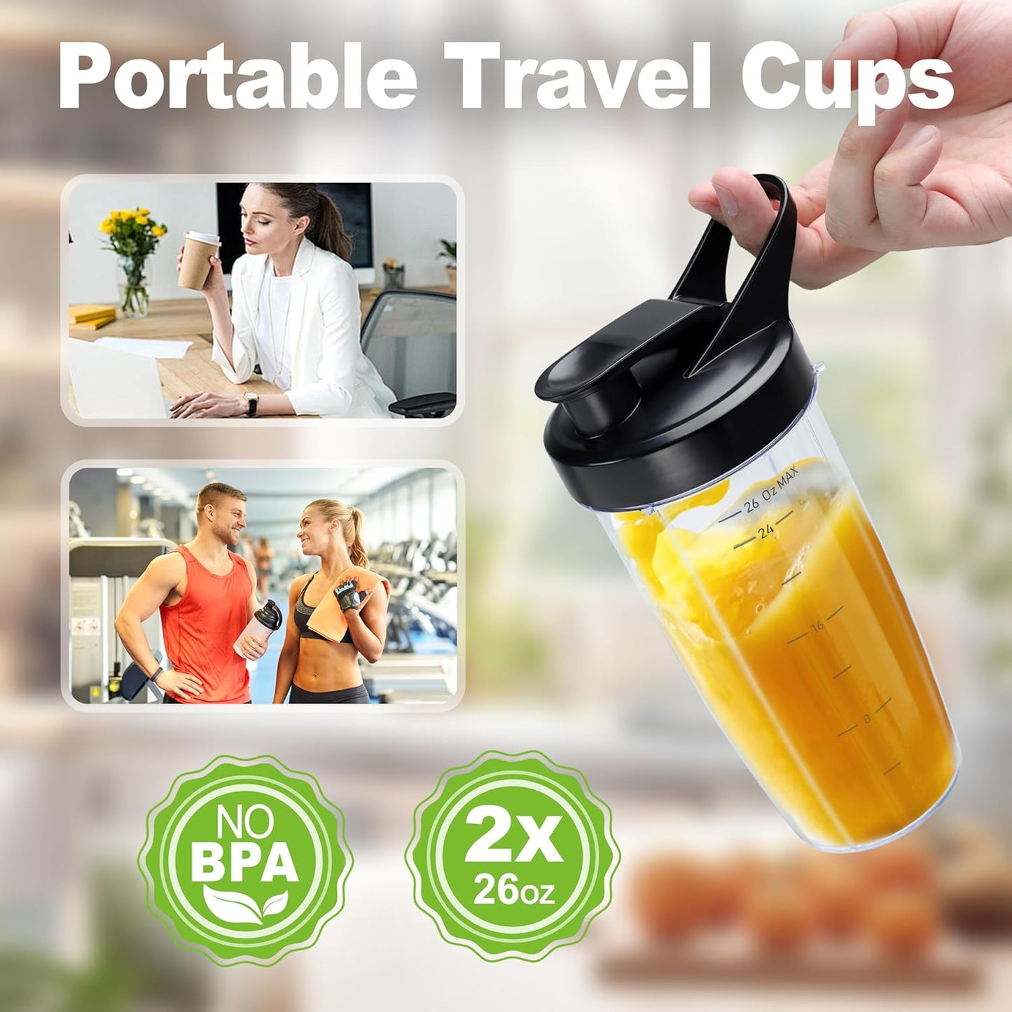 Smoothie Blender, 1200W Personal Blender for Smoothies, Blenders for Kitchen with 2 BPA-Free 26oz Travel Cups, Perfect for Smoothies, Frozen Drinks, Juices & Protein Shakes