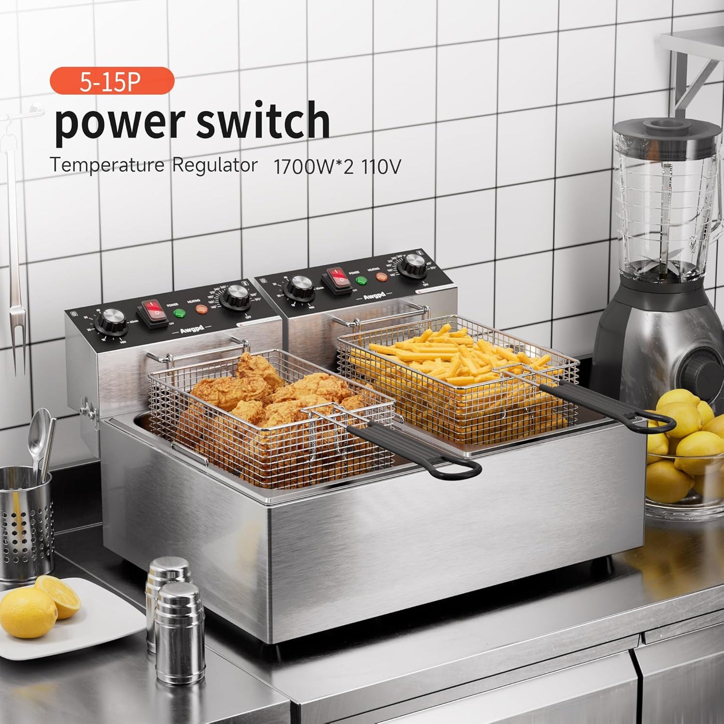 Deep fryers Commercial Deep Fryer 3400W Stainless Steel Electric Deep Fryers with Timer 20L(21.1Qt) Large Capacity Dual Tank Fryer with Baskets and Lids Countertop Deep Fryer for Restaurant Use (20L)