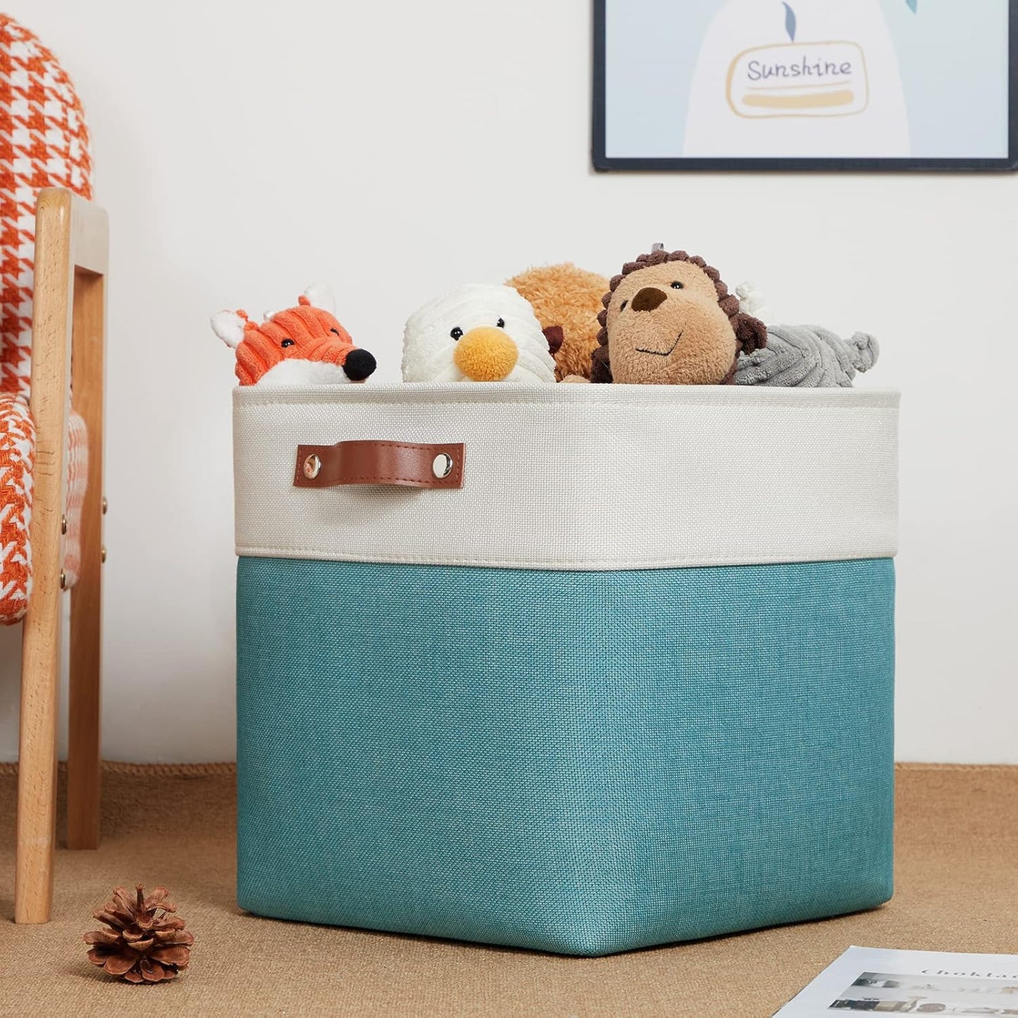 DULLEMELO Square Storage Cubes Baskets for Gifts Empty, 12 inch Cube Stroage Bins Linen Closet Organizers and Storage Baskets for Toy Nursery Shelves Bedroom Storage(4 Pack - 12" White&Teal)