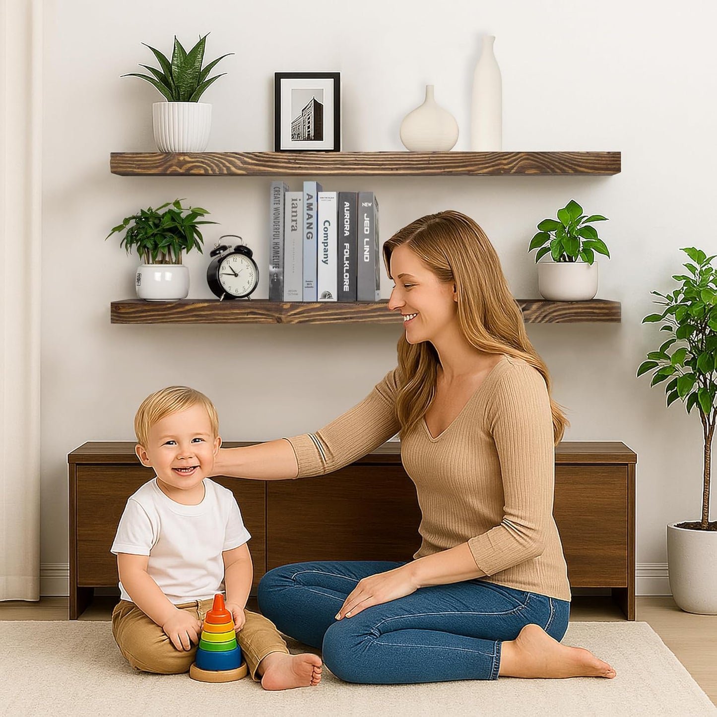 Floating Shelves 48 inch Long 8 "deep Set of 2, Heavy Duty Wood Wall Mounted Shelves for Bathroom Living Room Kitchen,Book Shelves with Thickened Hidden Bracket-Distressed Walnut