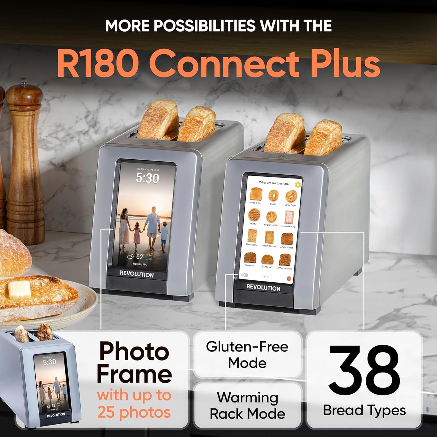 Revolution R180 Connect Plus Smart Toaster Bundle with Toastie Press & Warming Rack – Touchscreen, 2-Slice Wide Slot, InstaGLO 2.0 Tech, Digital Picture Frame– Toast Bread, Bagels, Waffles, Tortillas