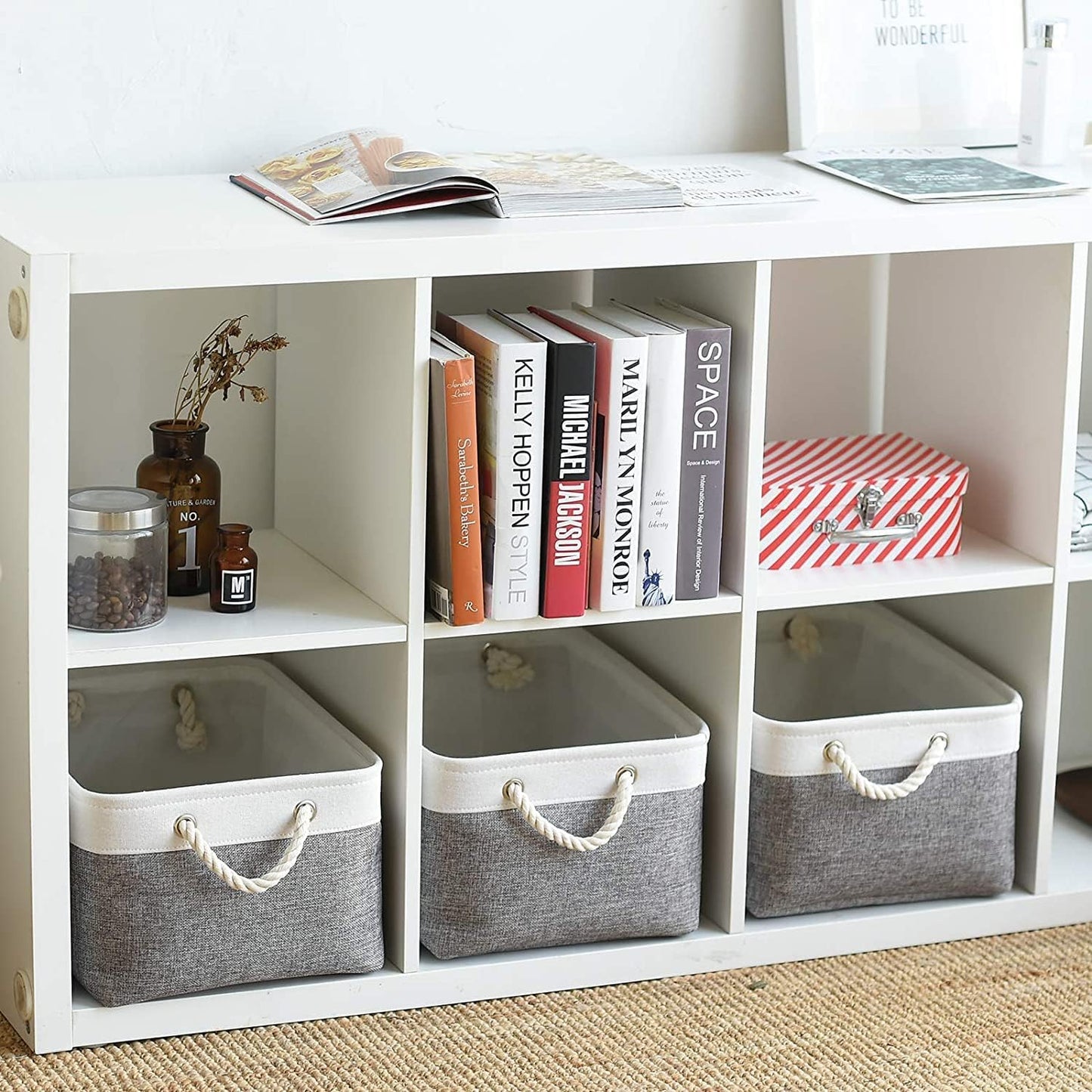 TcaFmac Storage Basket for Organizing - Large 4 Pack 15.8x11.8x8.2 inch Fabric Storage Bins for Shelves, Foldable Storage Cubes for Closet Cloth Toy Gift Kids(White&Grey)