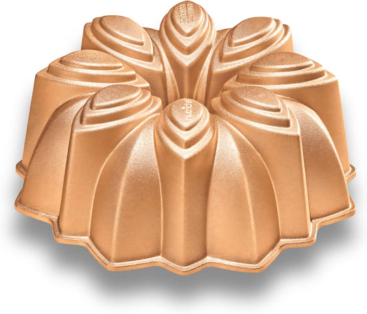 NutriChef 9-Inch Cake Pan, Thick and Heavy Cast Aluminum Cake Molds with 2 Layers of Nonstick Coating - Bloom Flower Design for Uniform Baking Up To 500 Degrees - Easy to Clean, Gold
