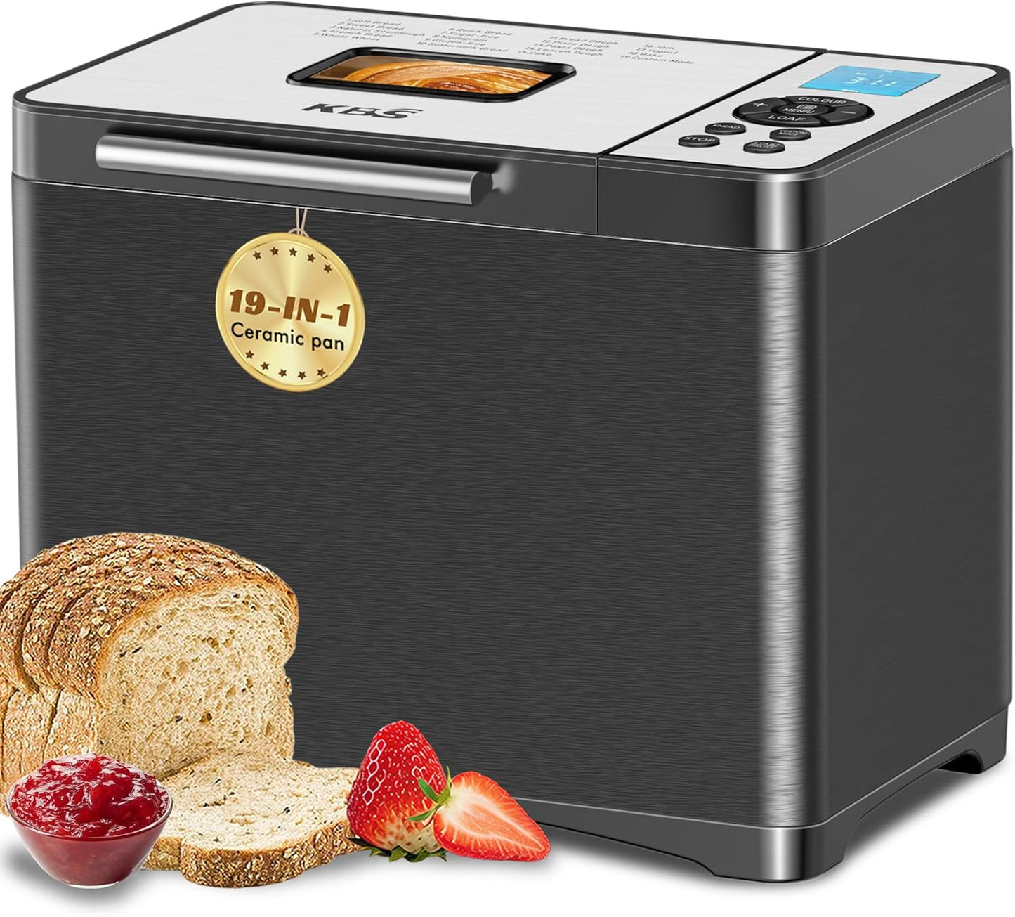 KBS 2LB Bread Maker, 19-in-1 Automatic Bread Machine Stainless Steel with Ceramic Pan,15H Timer&1H Keep Warm, Sourdough, Gluten-Free, 650W Bread Maker Machine with 3 Loaf Sizes 3 Crust Colors, Recipes