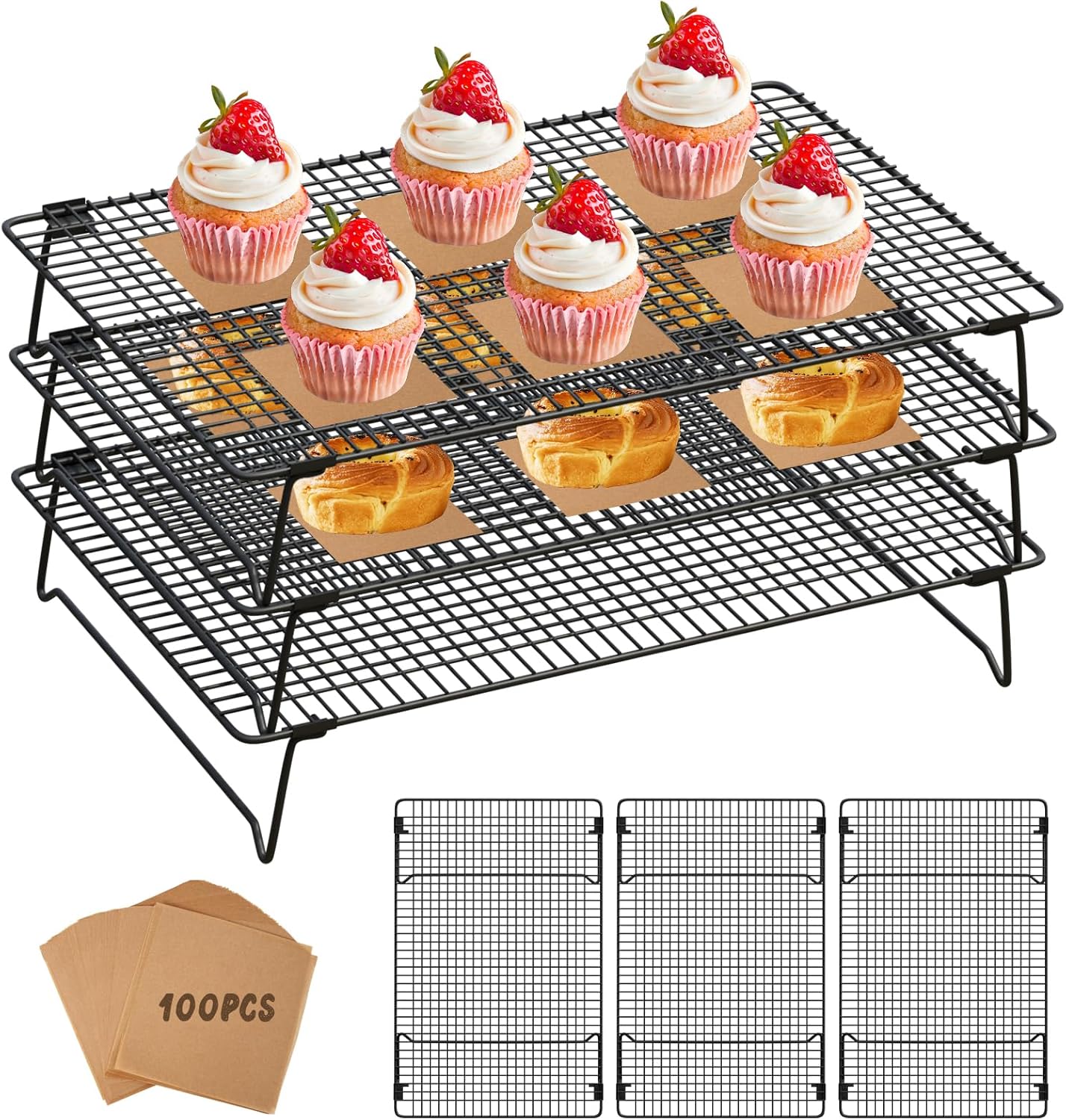 SHOUNAJIA Cooling Rack for Cooking and Baking, 3-Tier Stackable Wire Cooling Rack with Legs for Cooling Cookie, Pizza, Cake, Baking Paper 100 Pcs, 17" x 11", L