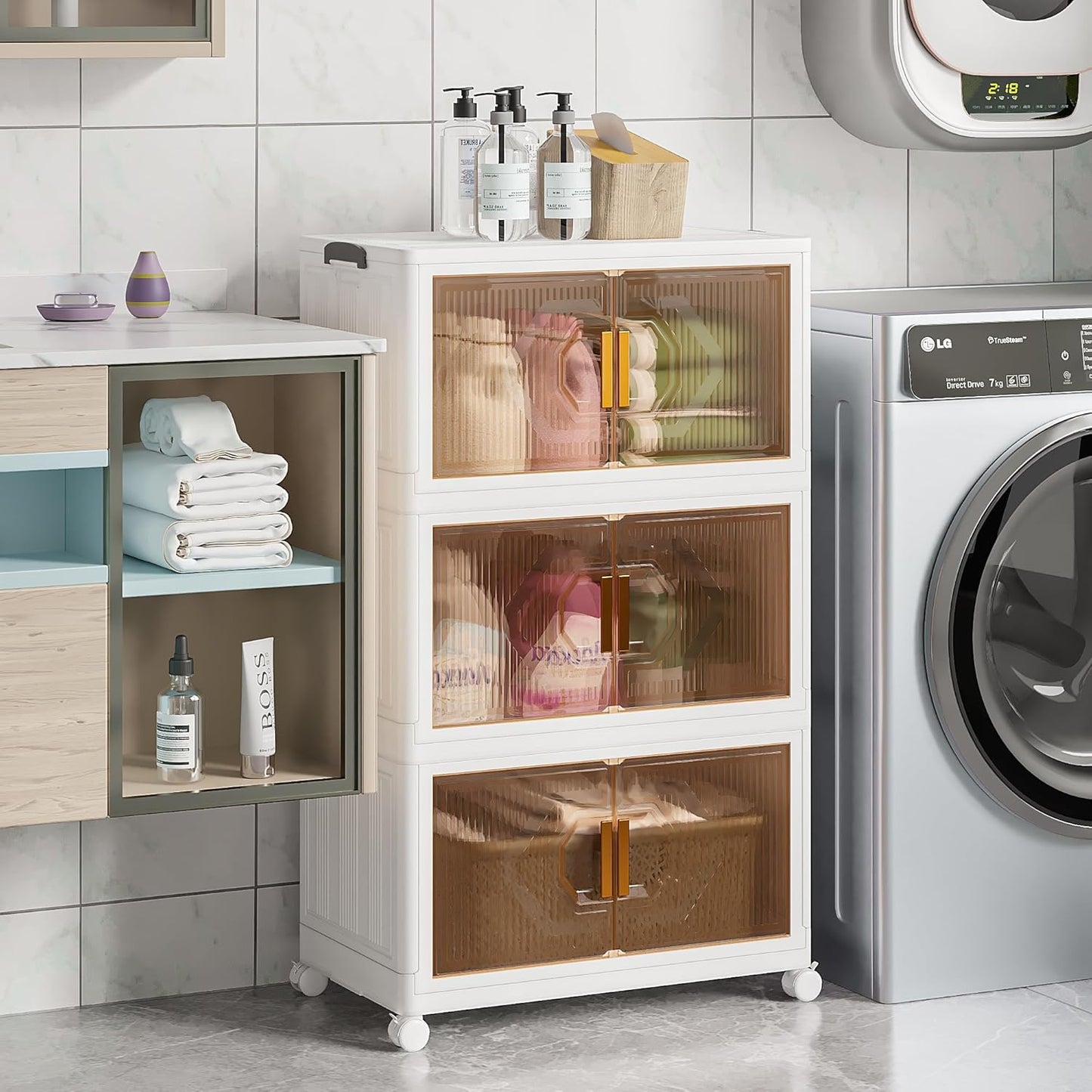 VECELO 19 Gal Stackable Storage Bins with Lid, 3 Pack Plastic Collapsible Storage Cabinet, Foldable Folding Box Organizer/Storage Container Cart with Wheel and Double Door for Home Office, White