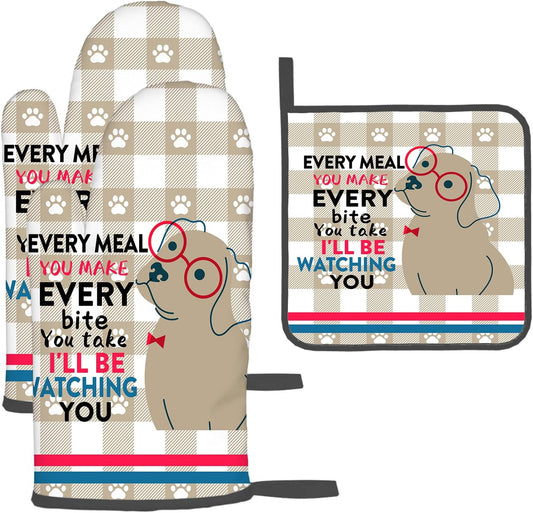 Funny Dog Oven Mitts and Pot Holders Sets of 3 Heat Resistant Hot Pads Cute Oven Gloves for Cooking Grilling Baking Kitchen Decor, Kitchen Gifts for Cooks Baker Cooking Lover Women