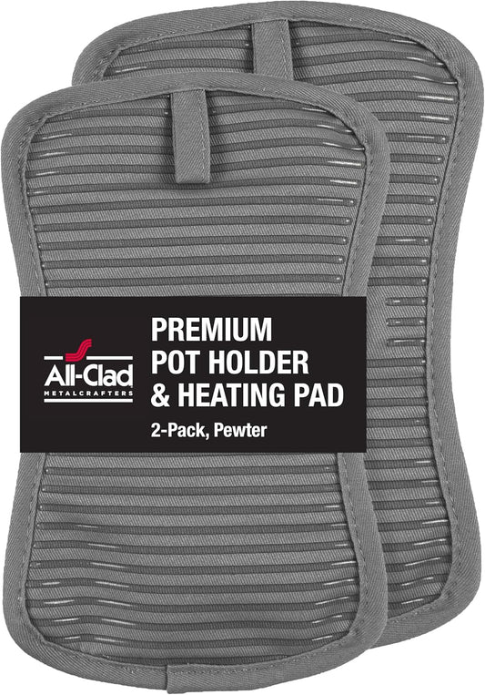 All-Clad Premium Pot Holder & Heating Pad, (2-Pack) Heat Resistant to 500 Degrees, 100% Cotton 10"x6.25" for Kitchen and Barbeque, Pewter