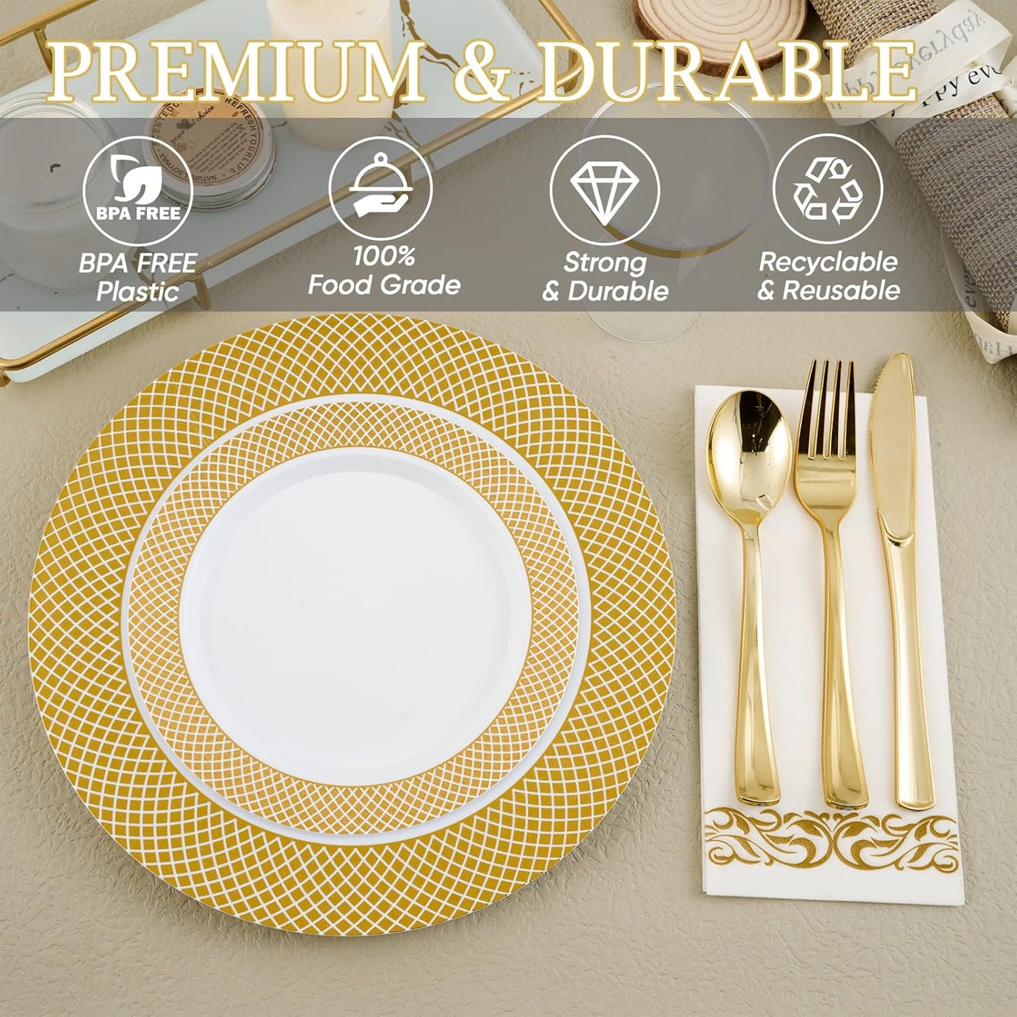 FOCUSLINE 175 Count Gold Dinnerware Set for 25 Guests - Disposable Plastic Plates with Gold Grid, Includes 25 Dinner & Salad Plates, Cups, Napkins, Cutlery Set for Wedding Parties