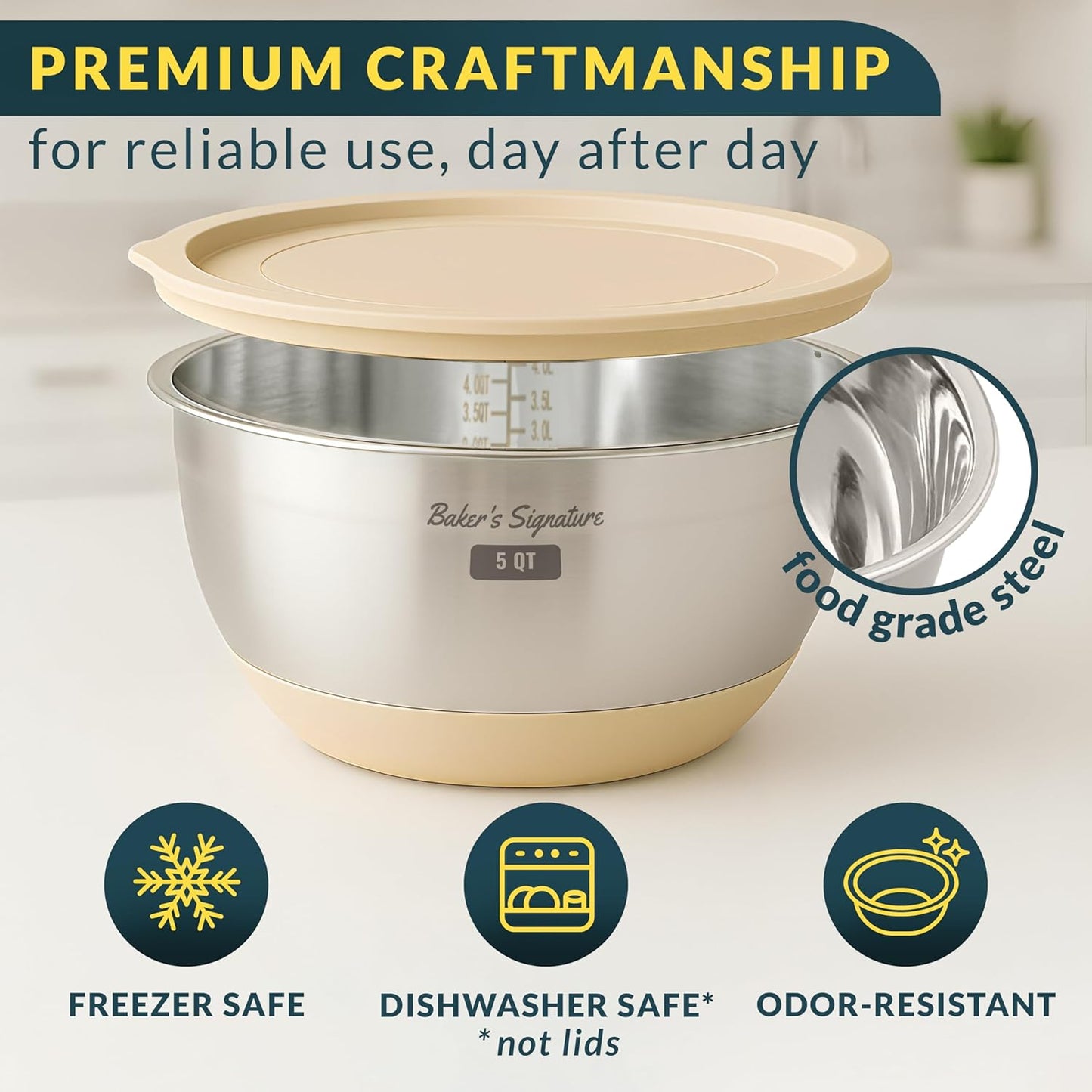 Stainless Steel Mixing Bowls with Lids Set, 5 Sizes, 3 Graters, Non-Slip Base, Airtight Lids, Metal Mixing Bowls for Kitchen, Food Prep, Storage, 0.63QT-5QT, Khaki