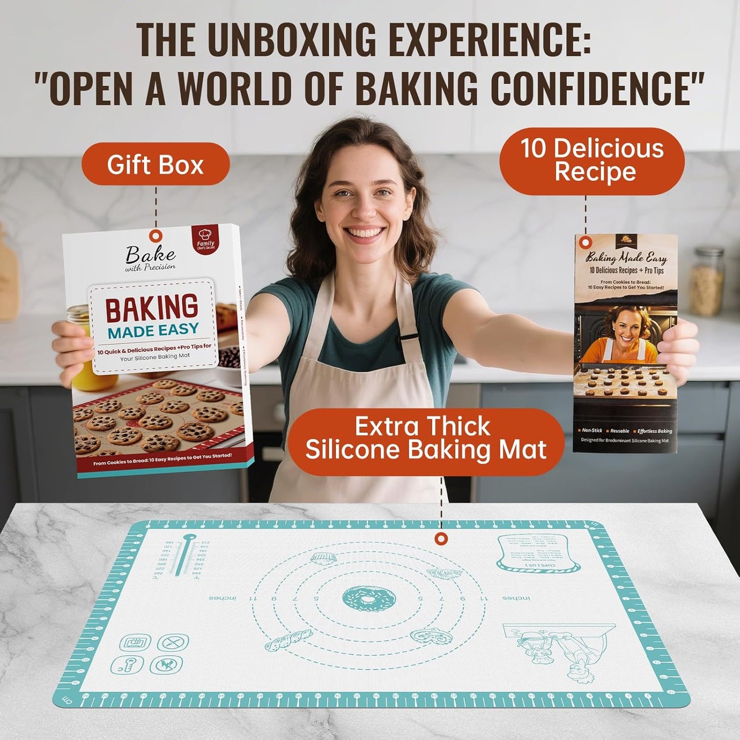 Silicone Baking Mat with 10 Useful Recipes, Non Stick Pastry Mat for Dough Rolling, Macaron Baking Sheet for Cookie, Pizza, Bread, Fondant Mat, Silicone Sheet for Dough Rolling out