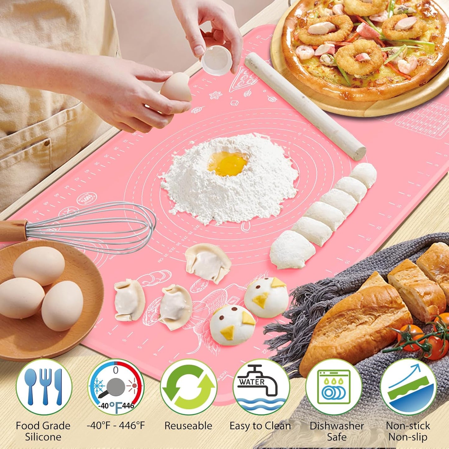Silicone Pastry Mat 28" x 20" Extra Thick Non Stick Baking Mat with Measurements and Edge Heightening, Food Grade Silicone Rolling Mat for Pastry, Bread, Cookies, Pizza, Fondant, Pasta - Pink