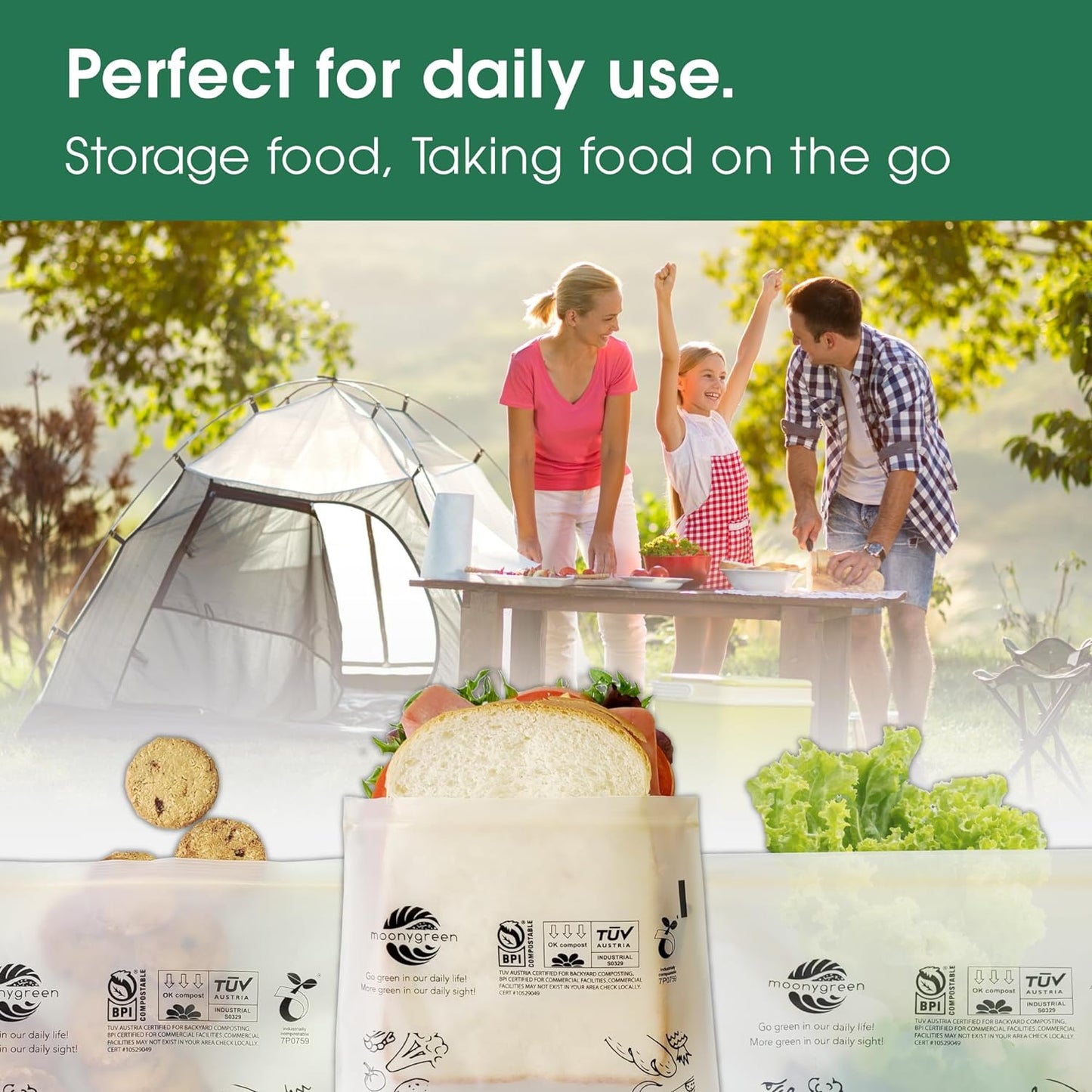 Compostable Food Storage Bags, Large Gallon Resealable Freezer Bags, 50 Count, 10.5 x 10.6 inches, Extra Thick, Certified US BPI ASTM D6400 Europe OK Compost