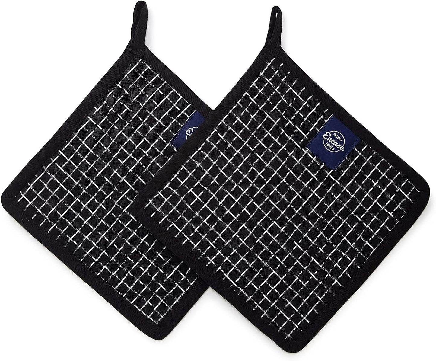 Encasa Homes 8 inches Oven Microwave Potholders (2 pc Set) for Kitchen Cooking & Baking - Heat Resistant, Thick & Safe, Protection of Hands from Hot Utensils - Butcher Checks Black