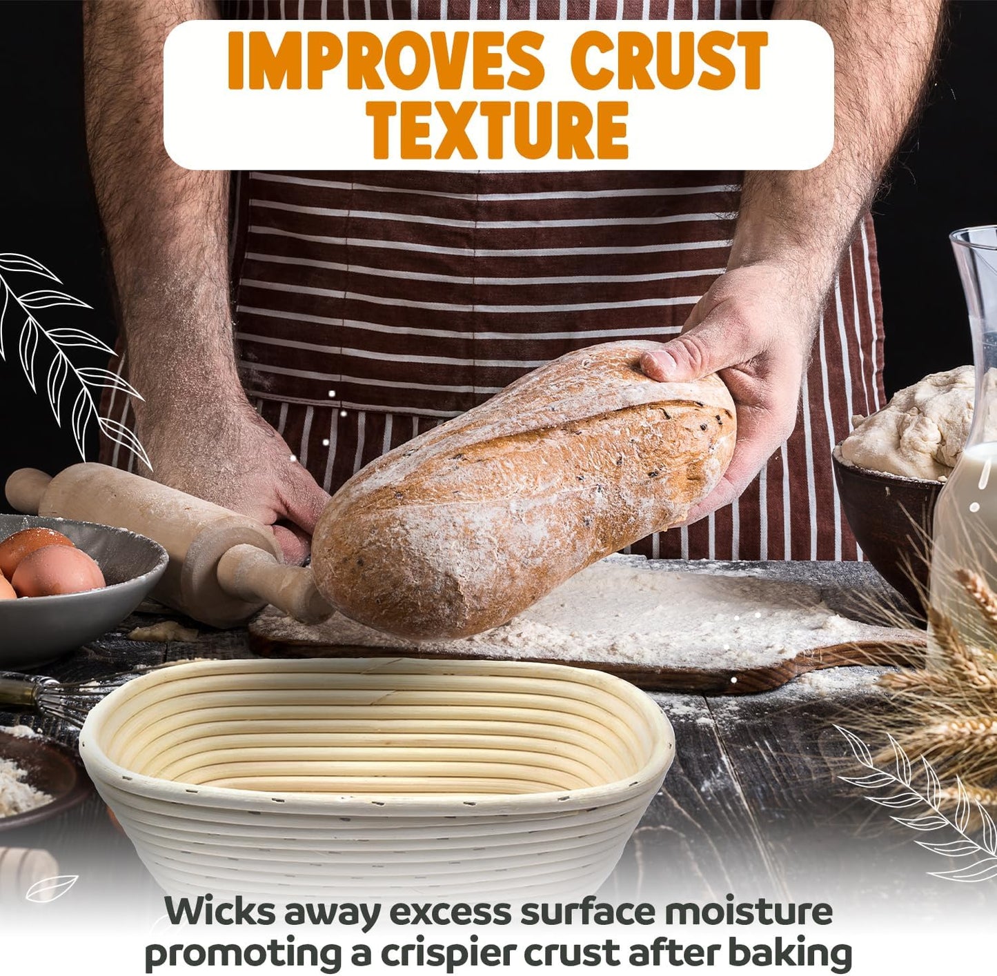 Banneton Bread Proofing Basket Sourdough Proofing Basket for Beginners & Professional Bakers, Handwoven Rattan Cane Bread Maker with Linen for Artisan Breads, 11 x 3.5 Inch, 3-Pound Round