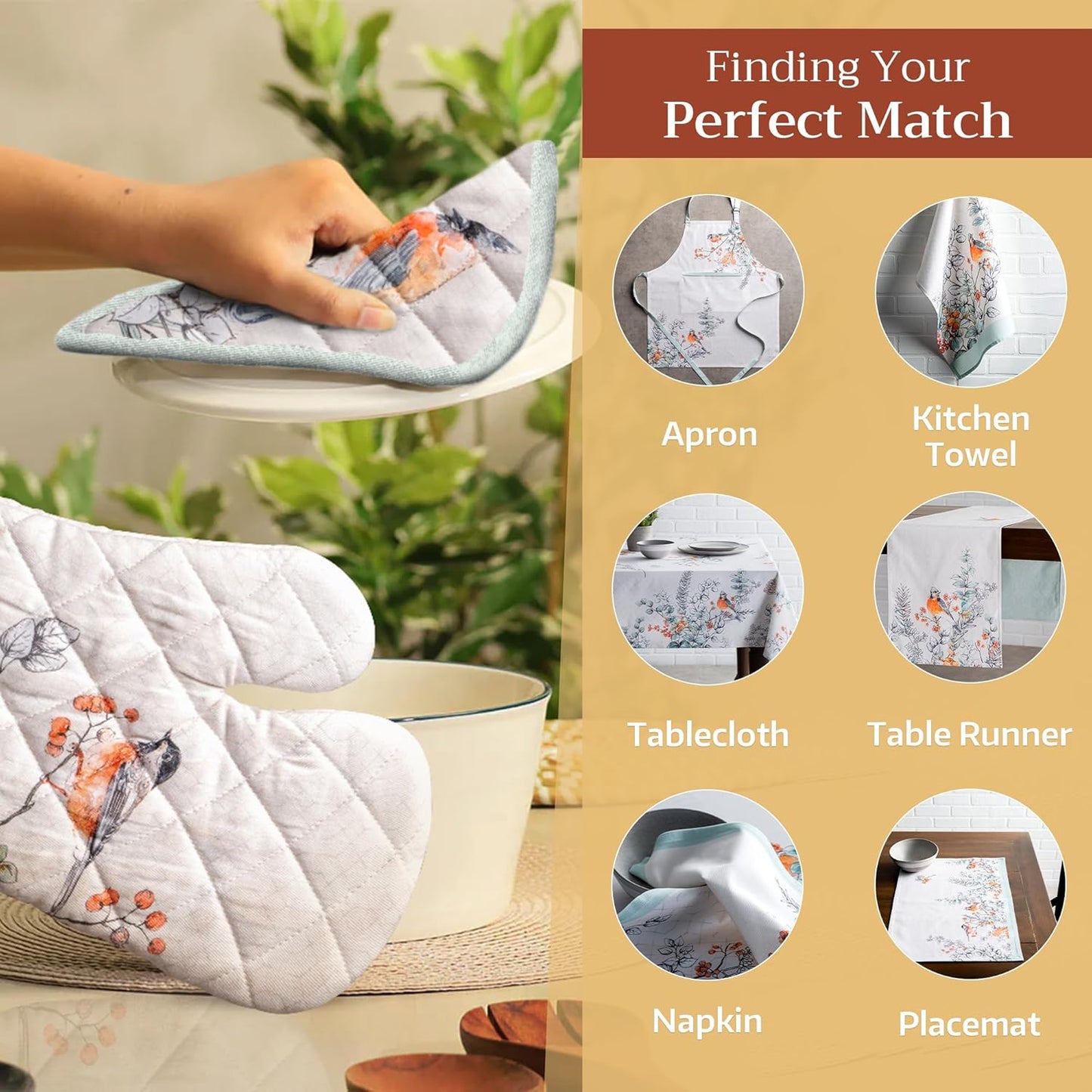 Maison d' Hermine Oven Gloves 100% Cotton Oven Mitt 7" x 13" with Loop Heat Resistant, BBQ, Cooking Gloves, Baking, Grilling, Kitchen, Handling Hot Pans (Pack of 1, Whitish Shabby Chique)