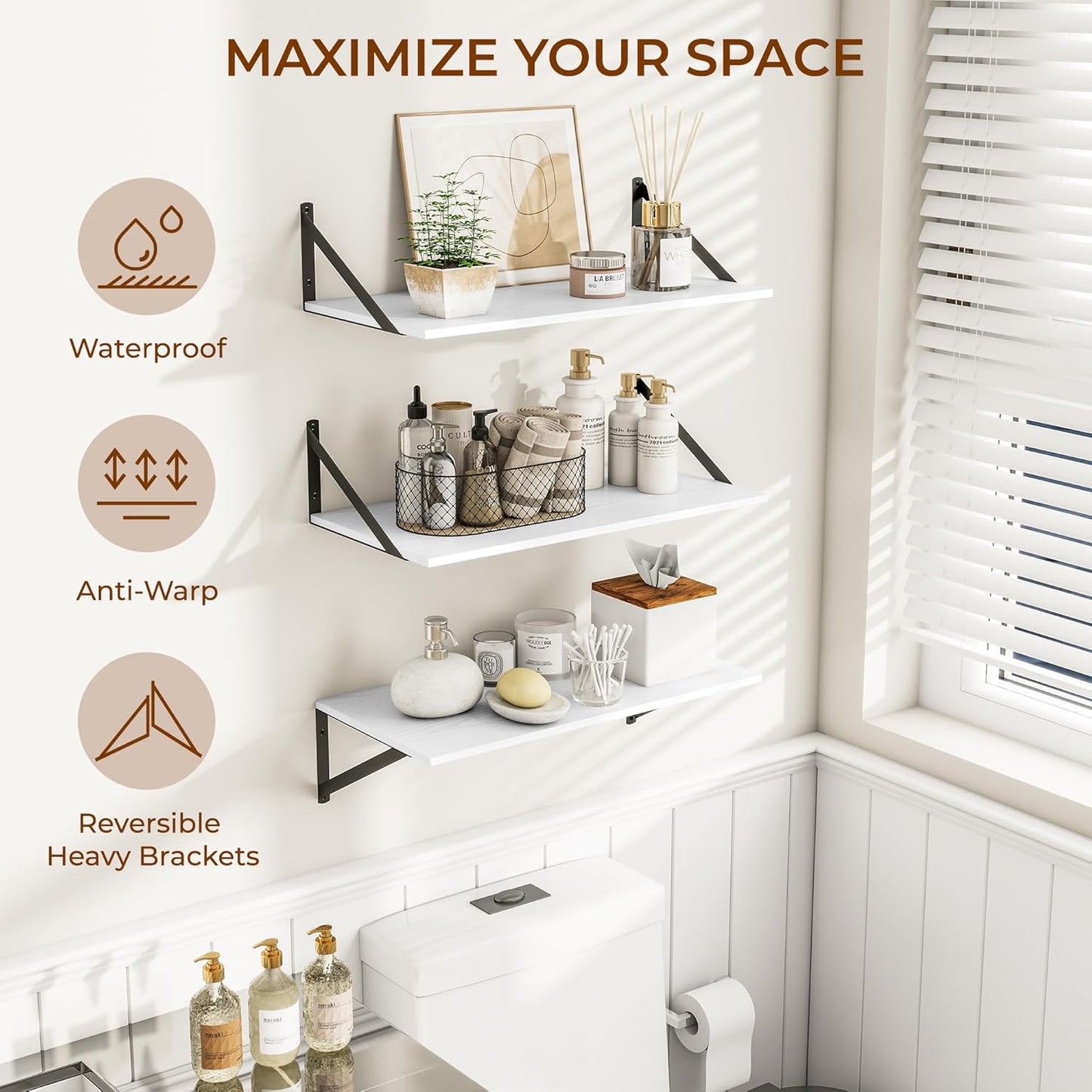 Heimlove 24" W x 12" D Wall Shelves for Books, 12 Inch Deep Floating Shelves Set of 3, Wide Floating Bookshelf with Metal Bracket for Living Room, Kitchen, Office, Bedroom and Decor Storage - White