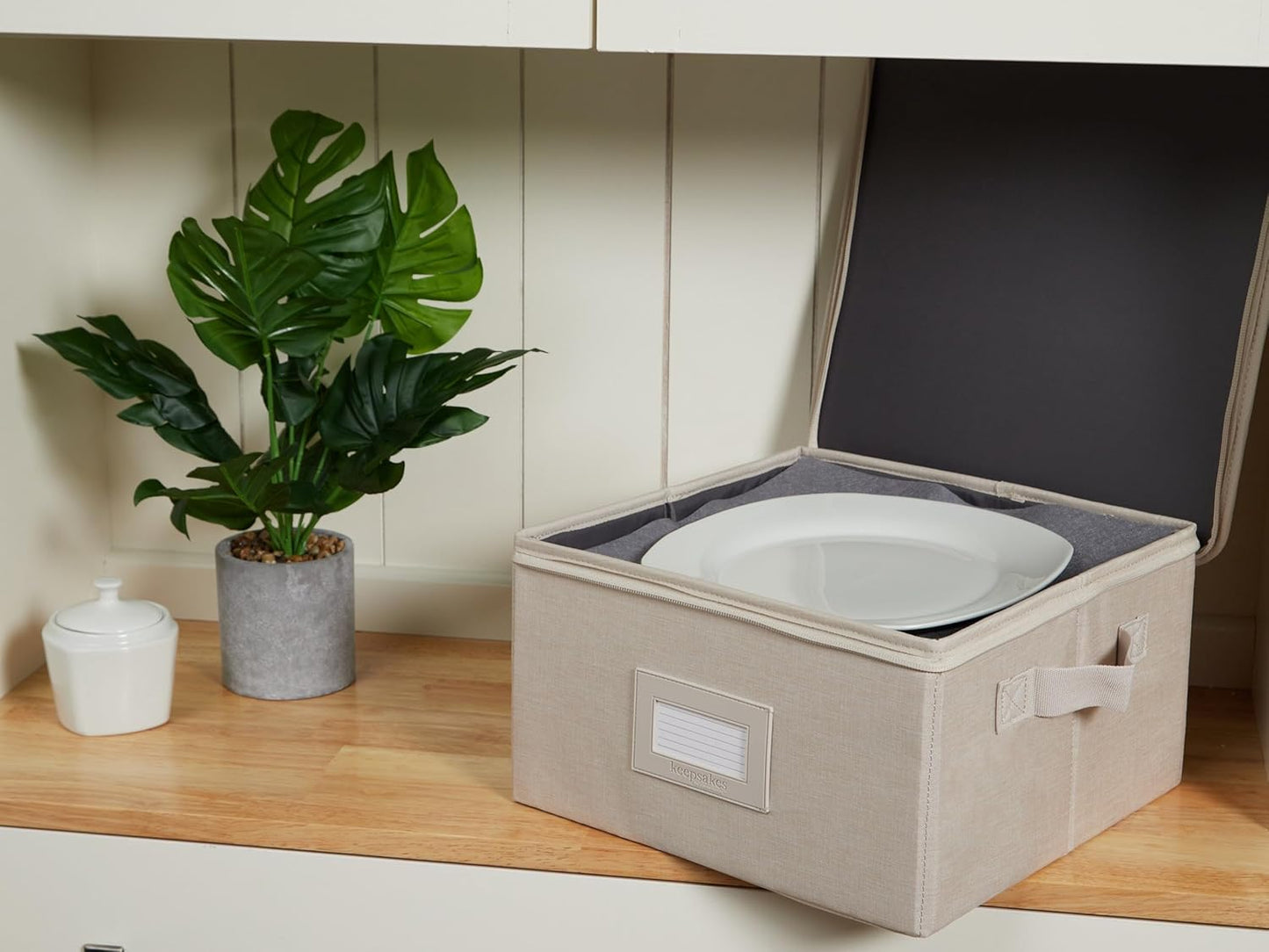 Covermates Keepsakes Dish Storage Box - Stackable, Reinforced Handles, China Storage, Beige Heather