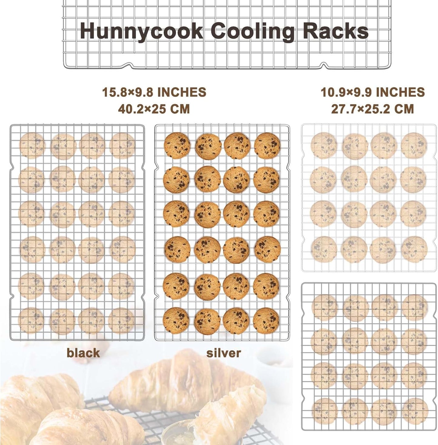15.8”×9.8” Cooling Rack, 3P Stainless Steel Baking Rack, Oven Safe Cooling Racks for Cooking and Baking, Silver Roasting Rack & Wire Rack & Cookie Cooling Rack for Roasting, Grilling, Drying