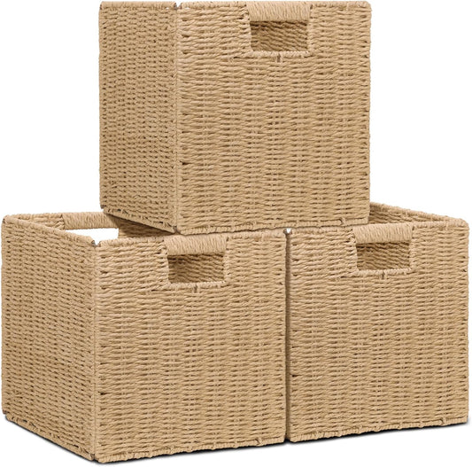 Wicker Storage Baskets for Organizing, 3 Pack Rustic Foldable Square Basket for Shelves, Handwoven Cubby Organizer Bins for Home Decor, Small Cube Storage Bin for Closet Organization (Natural 11 inch)