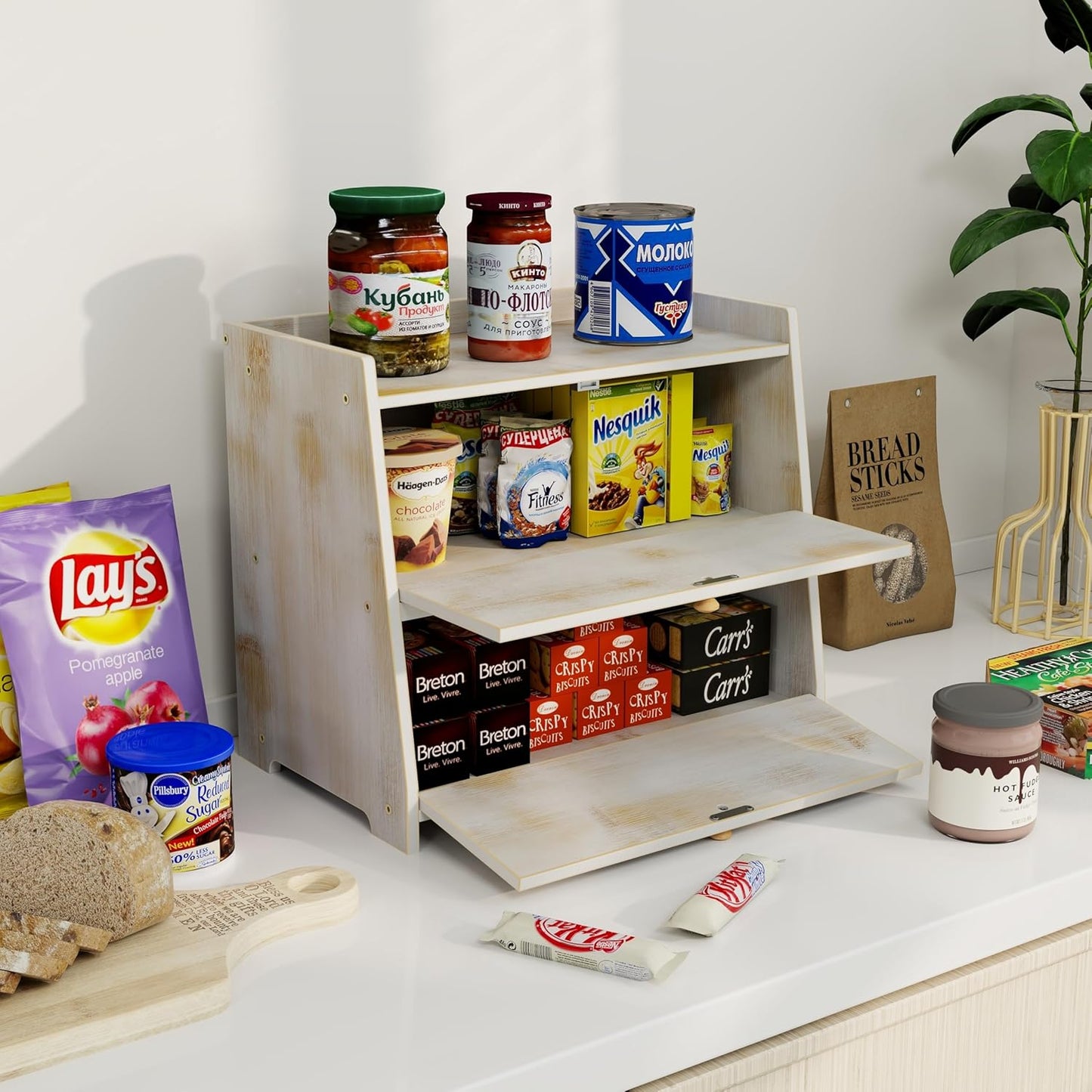 Vintage Double Layer Bread Box for Kitchen Counter Bamboo Bread Storage Container Large Capacity Bread Storage Bin (Antique White)