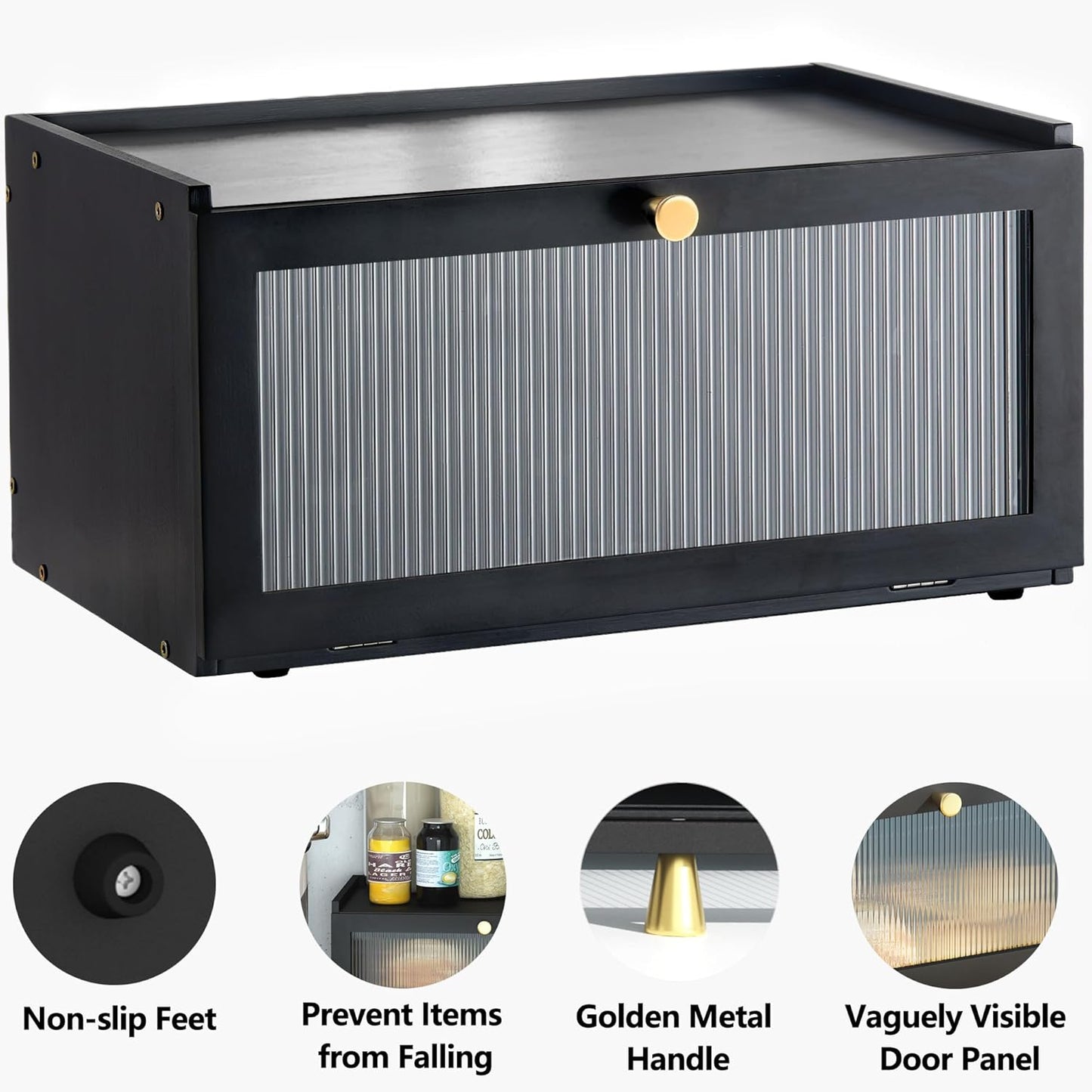 Black Bread Box for Kitchen Countertop-Large Modern bamboo Bread box with Window Bread Storage Container