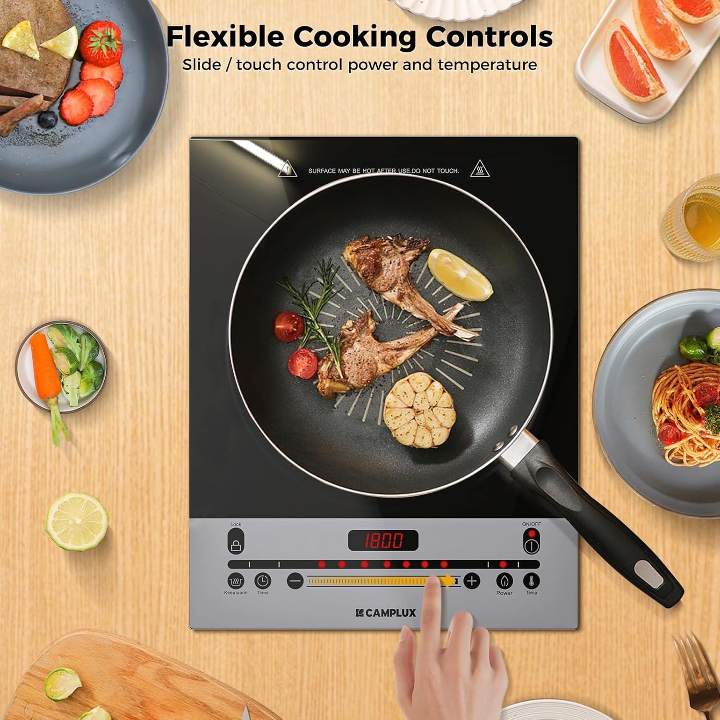 CAMPLUX Portable Induction Cooktop 1800W, 120V Single Burner Electric Cooktop with Kids Safety Lock, 7 Power & Temperature Levels Setting Induction Burner with Timer, Countertop or Built-in