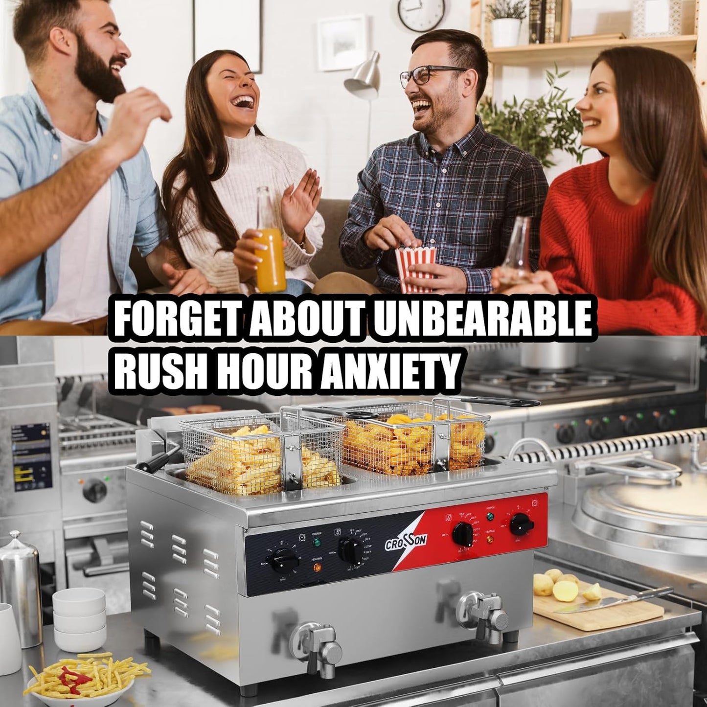 CROSSON 16L Dual Tank Countertop Electric Deep Fryer with "Swing-up and Hold",Drain Valve,Strech forming Oil Tank and Solid Wire Mesh Basket for Restaurant Use 120V,3600W Commercial Deep Fryer